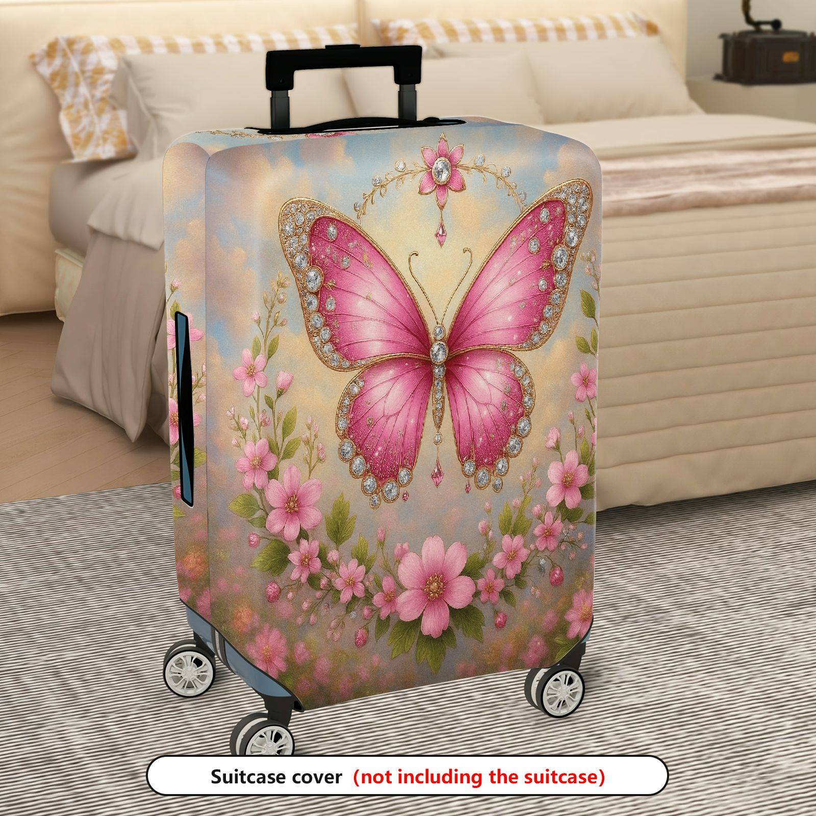 1-Piece Pink Butterfly Flower Sparkle Decorative Travel  Suitcase Luggage Cover, Stretch Protective Sleeve