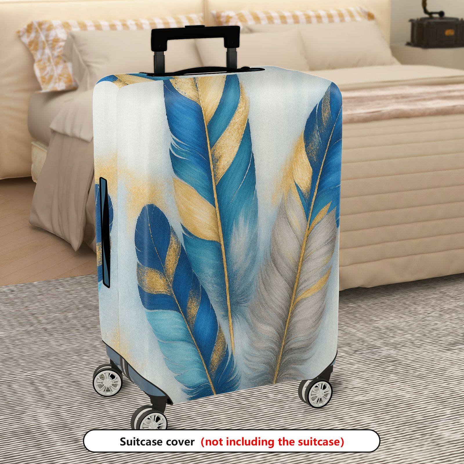 1-Piece Blue Beige Feather Golden Artistic Floral Abstract  Suitcase Luggage Cover, Stretch Protective Sleeve