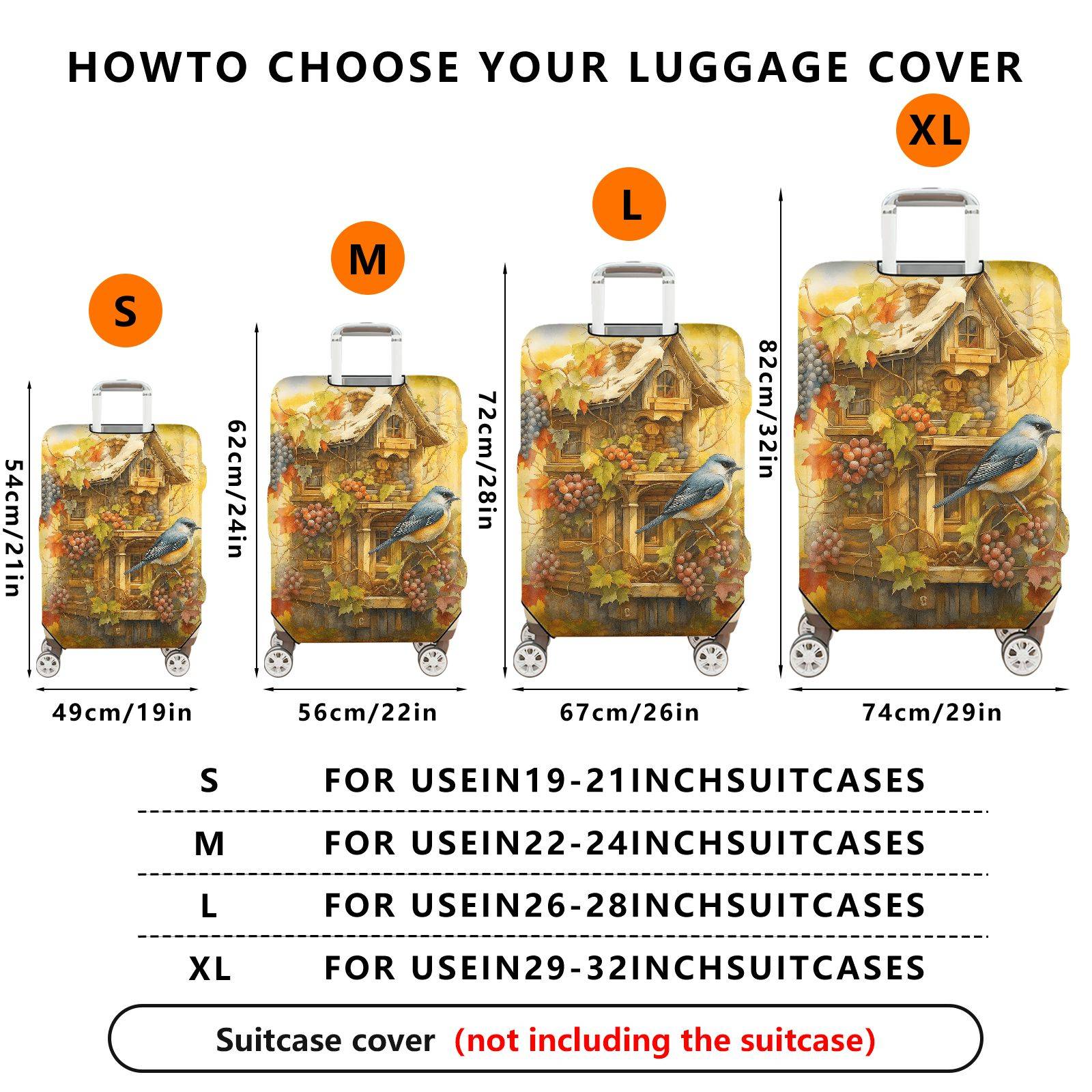 1-Piece Vintage Autumn Birdhouse Grapevine Leaves Artistic  Suitcase Luggage Cover, Stretch Protective Sleeve