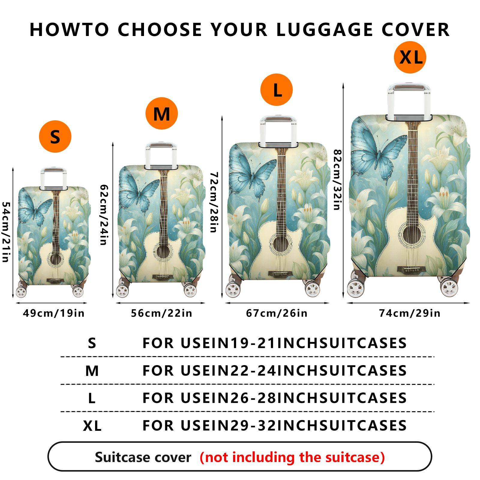 1-Piece Butterfly Floral Guitar Blue Artistic Elegant Nature  Suitcase Luggage Cover, Stretch Protective Sleeve