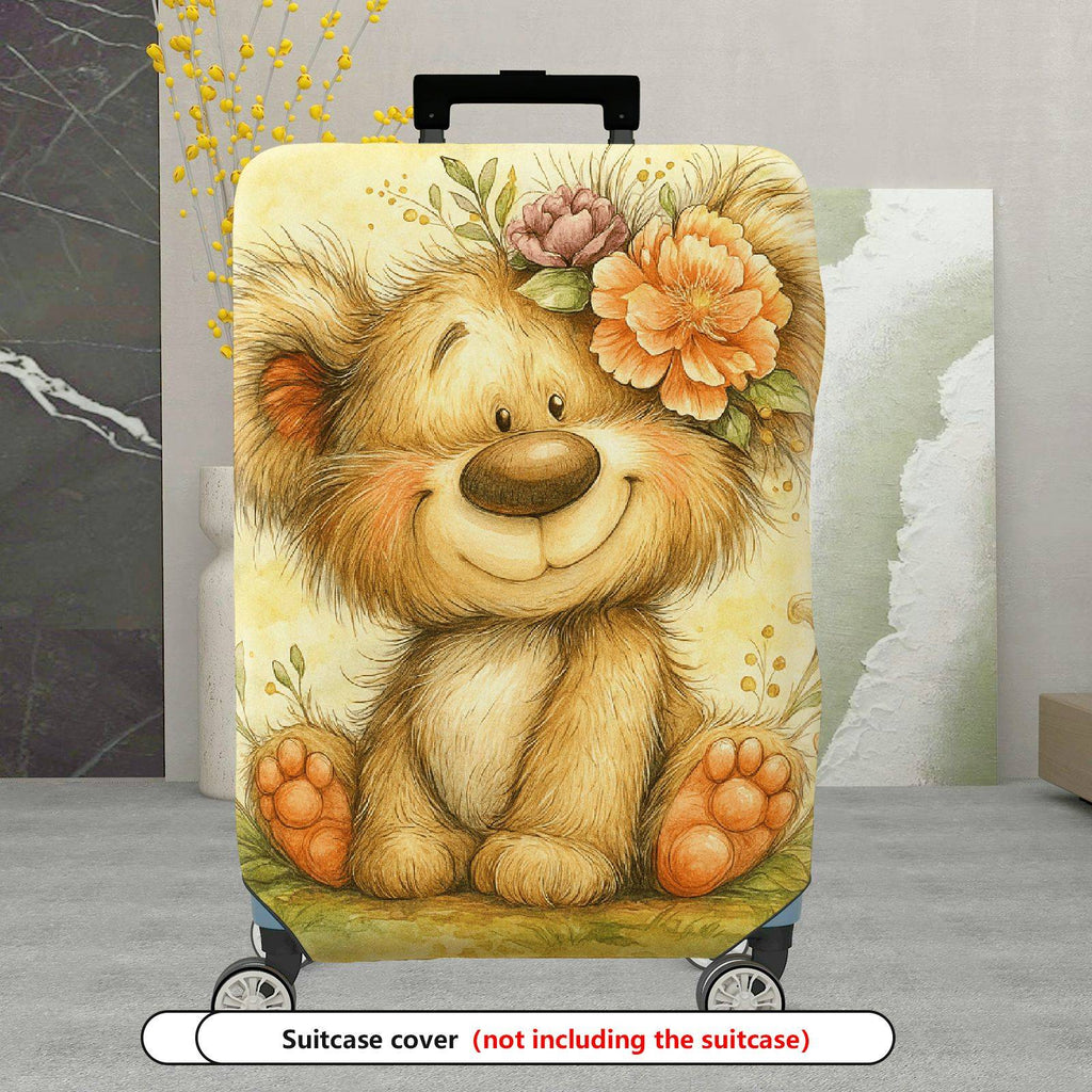 1-Piece Cute Bear Floral Animal Art Yellow Travel  Suitcase Luggage Cover, Stretch Protective Sleeve