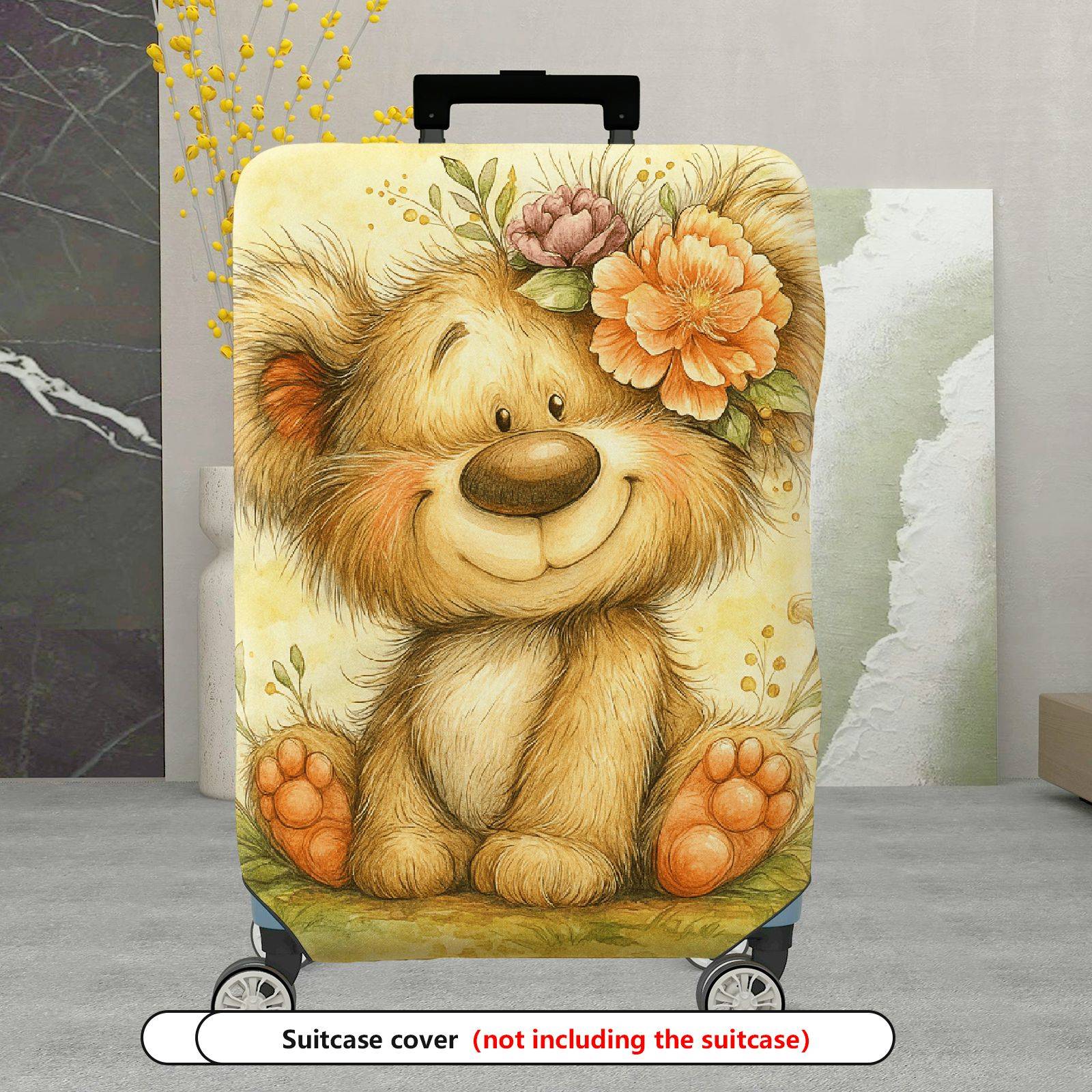 1-Piece Cute Bear Floral Animal Art Yellow Travel  Suitcase Luggage Cover, Stretch Protective Sleeve