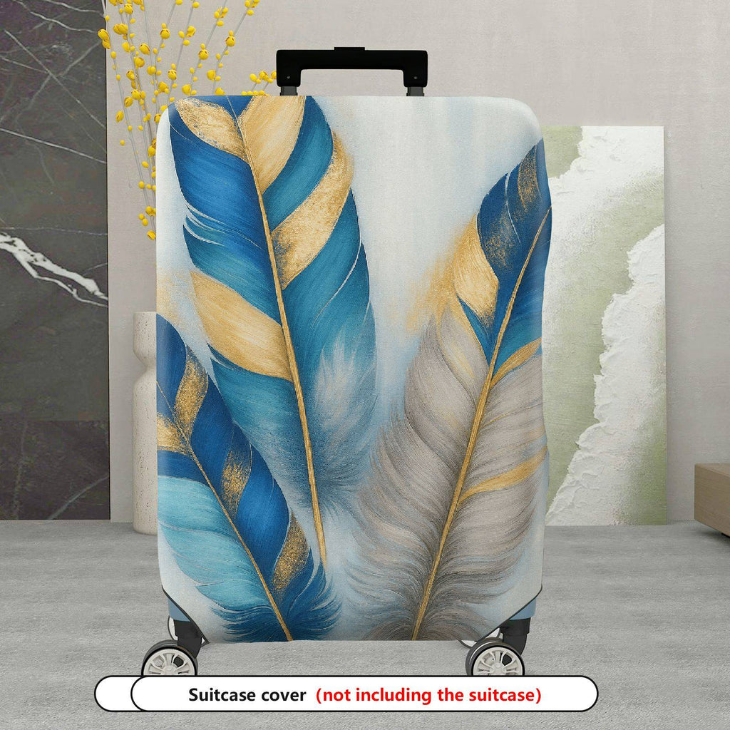 1-Piece Blue Beige Feather Golden Artistic Floral Abstract  Suitcase Luggage Cover, Stretch Protective Sleeve
