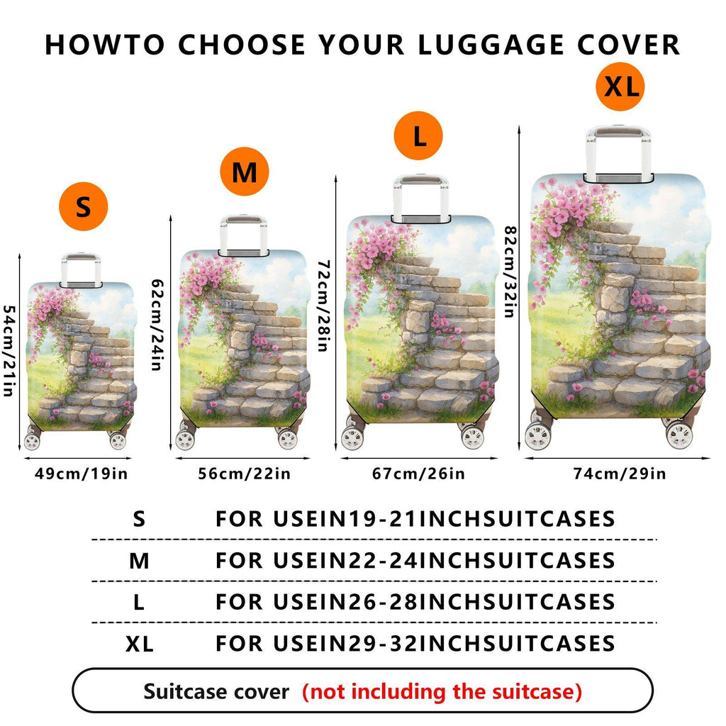 1-Piece Stair Stone Flower Pink Nature Scenery  Suitcase Luggage Cover, Stretch Protective Sleeve