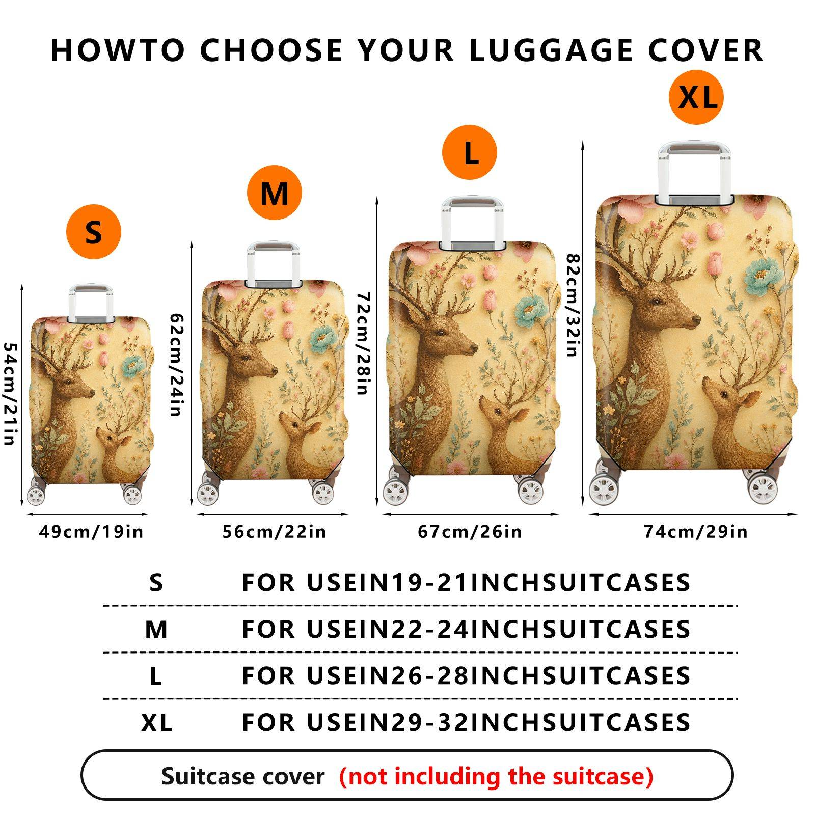 1-Piece Deer Floral Pastoral Nature Art Vintage  Suitcase Luggage Cover, Stretch Protective Sleeve