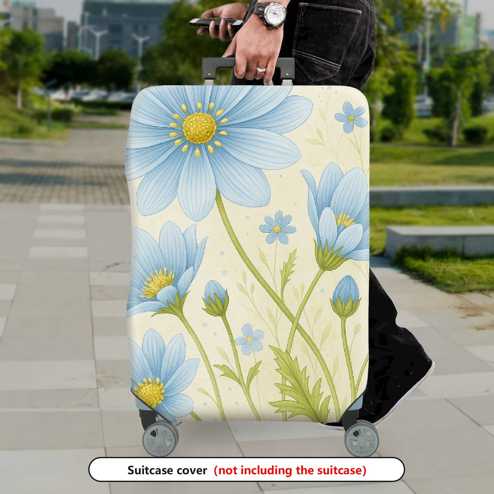 1-Piece Blue Flower Floral Nature Pattern Travel  Suitcase Luggage Cover, Stretch Protective Sleeve