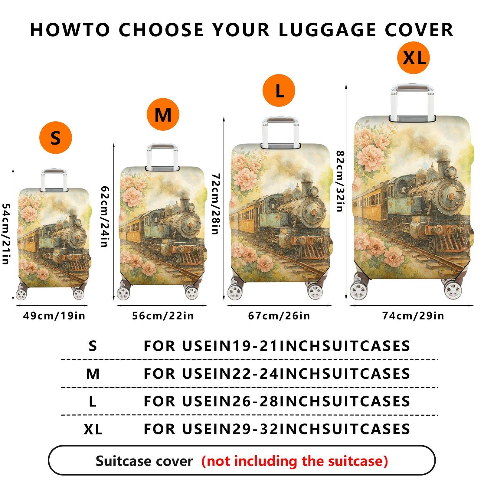 1-Piece Vintage Floral Train Painting Nature Retro Artistic  Suitcase Luggage Cover, Stretch Protective Sleeve