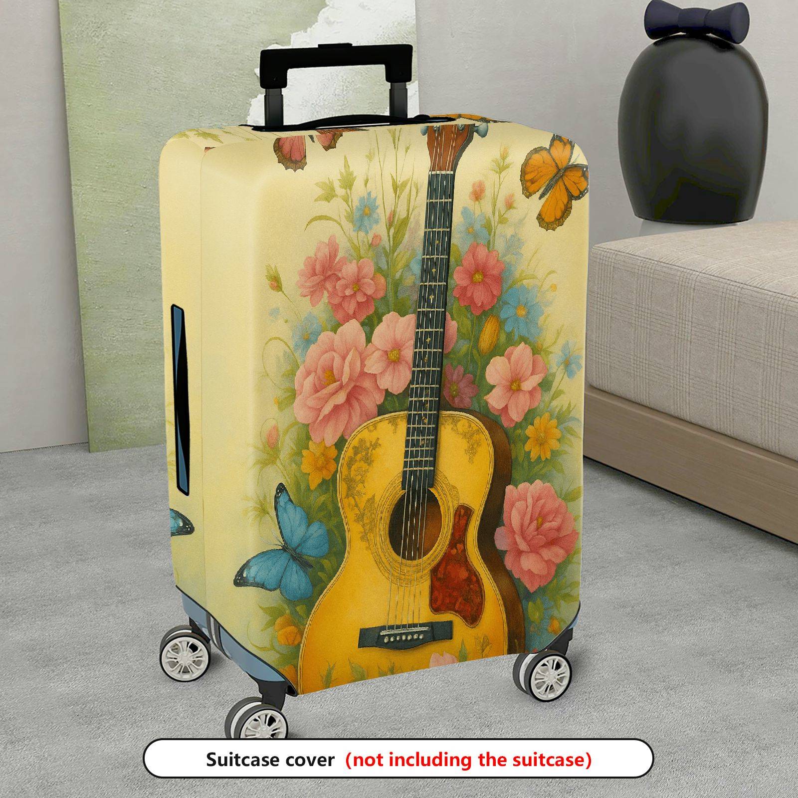 1-Piece Floral Guitar Butterfly Colorful Artistic Travel  Suitcase Luggage Cover, Stretch Protective Sleeve