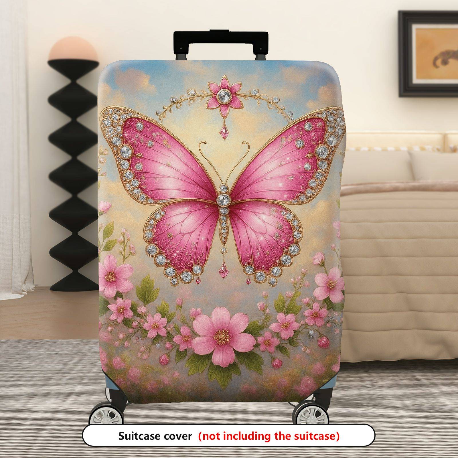 1-Piece Pink Butterfly Flower Sparkle Decorative Travel  Suitcase Luggage Cover, Stretch Protective Sleeve
