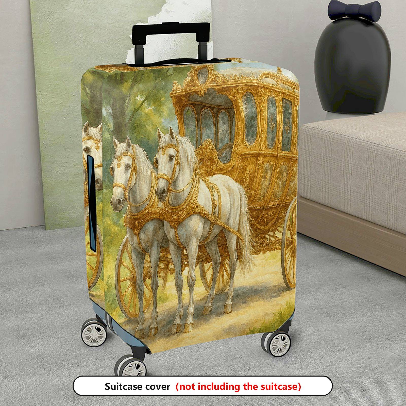 1-Piece Vintage Carriage Horse Green Gold Artistic  Suitcase Luggage Cover, Stretch Protective Sleeve