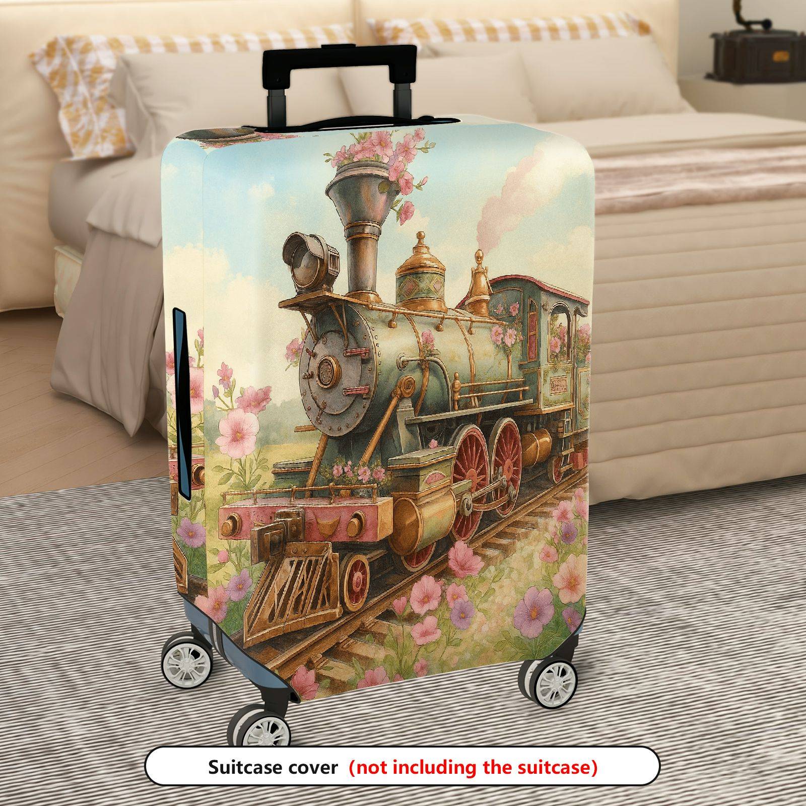 1-Piece Vintage Floral Steam Train Art Travel  Suitcase Luggage Cover, Stretch Protective Sleeve