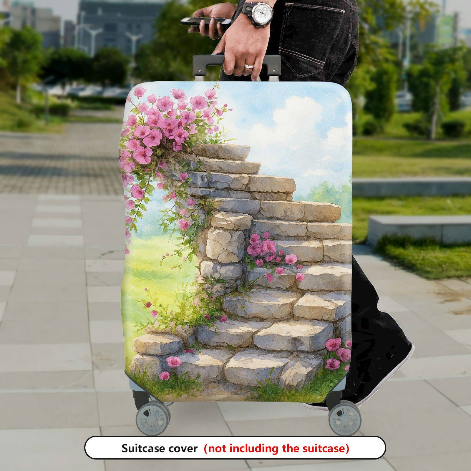 1-Piece Stair Stone Flower Pink Nature Scenery  Suitcase Luggage Cover, Stretch Protective Sleeve