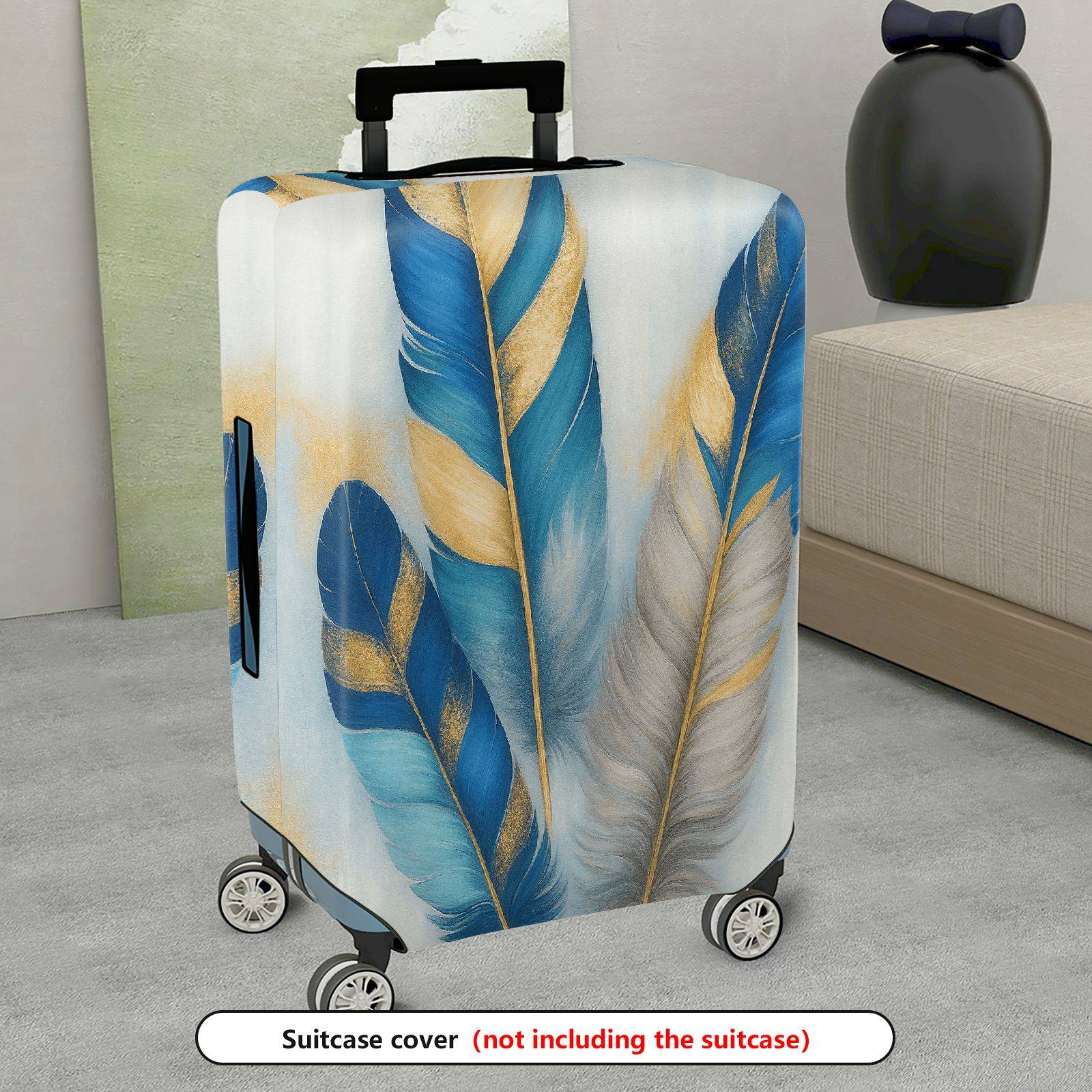 1-Piece Blue Beige Feather Golden Artistic Floral Abstract  Suitcase Luggage Cover, Stretch Protective Sleeve