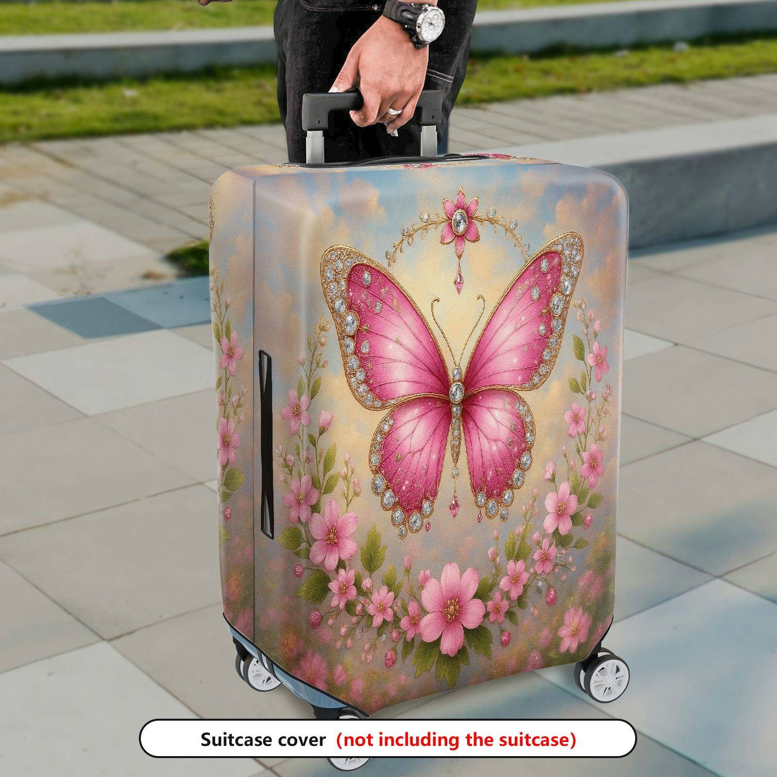 1-Piece Pink Butterfly Flower Sparkle Decorative Travel  Suitcase Luggage Cover, Stretch Protective Sleeve