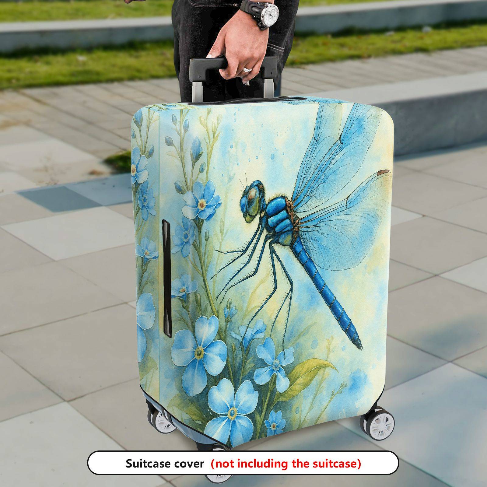 1-Piece Blue Dragonfly Floral Nature Art Travel  Suitcase Luggage Cover, Stretch Protective Sleeve