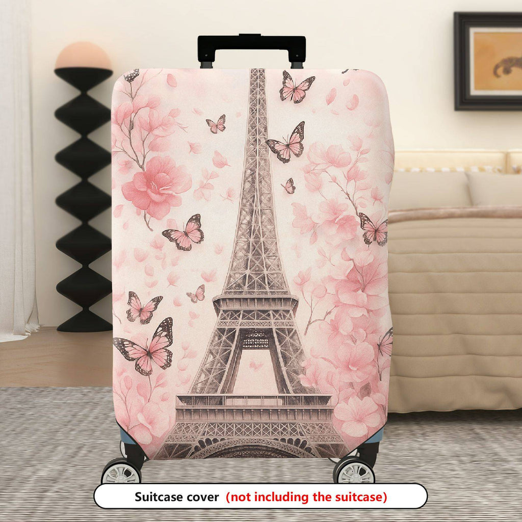 1-Piece Eiffel Tower Butterfly Flower Pink Romantic Paris  Suitcase Luggage Cover, Stretch Protective Sleeve