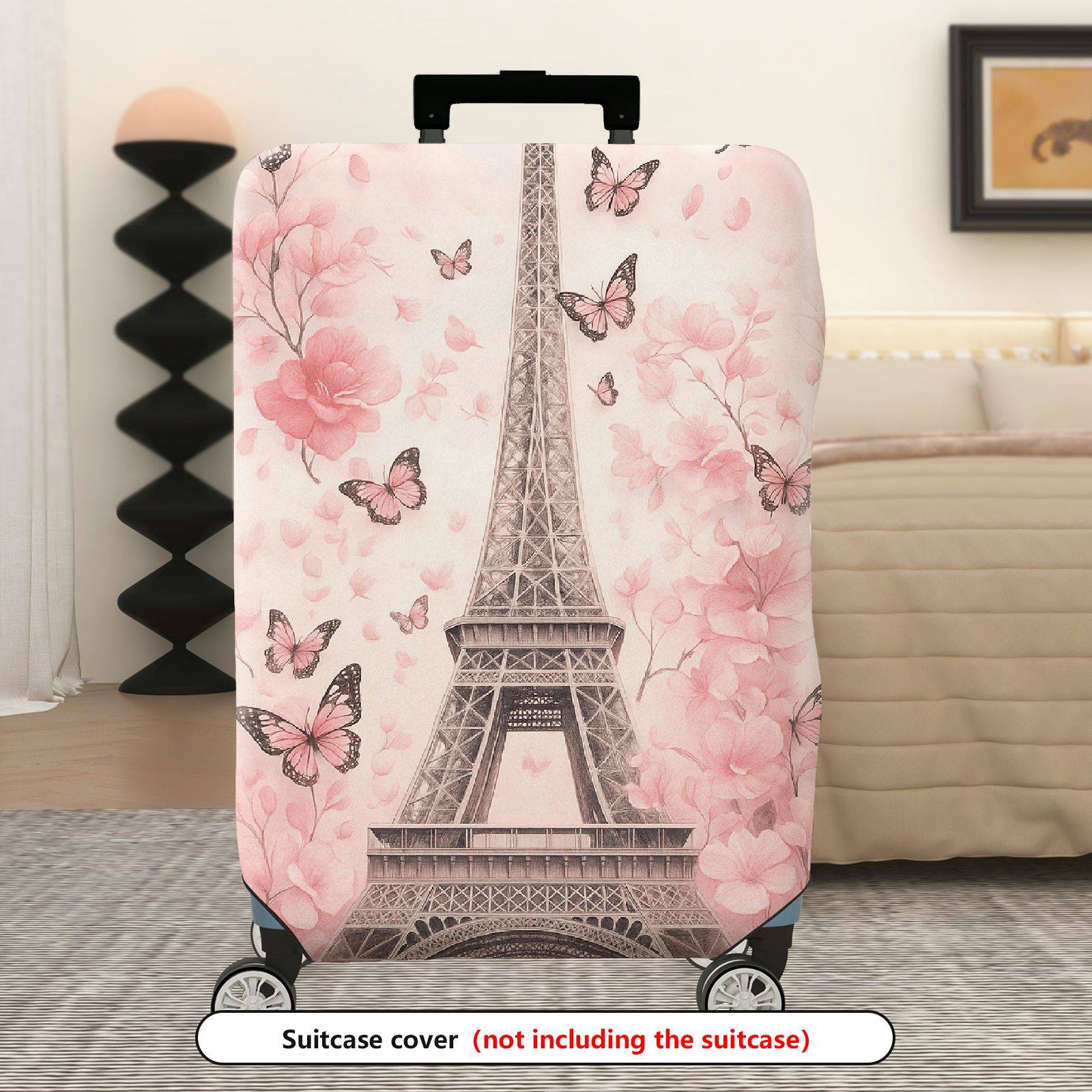 1-Piece Eiffel Tower Butterfly Flower Pink Romantic Paris  Suitcase Luggage Cover, Stretch Protective Sleeve