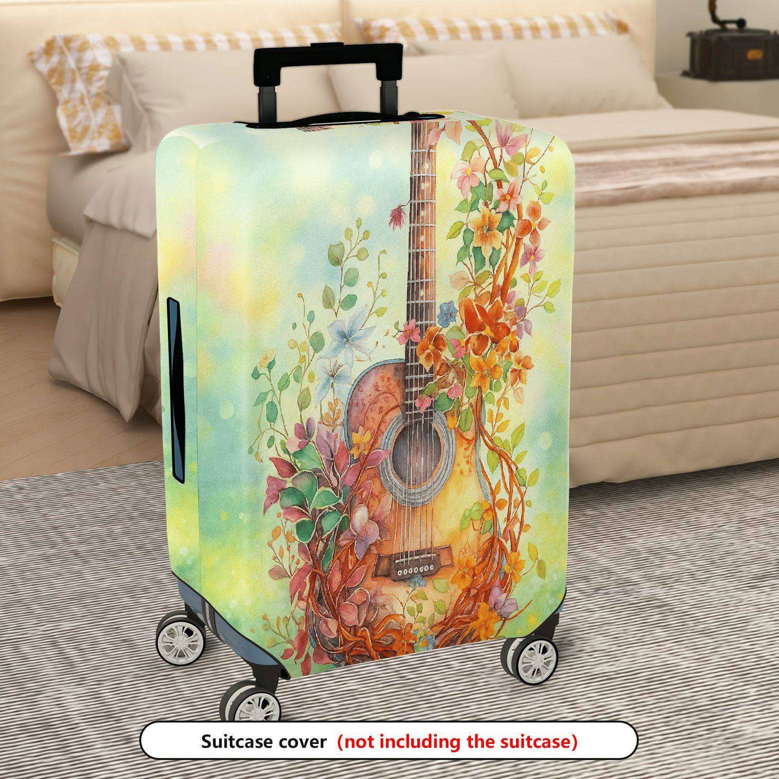 1-Piece Vintage Guitar Floral Artistic Nature Colorful  Suitcase Luggage Cover, Stretch Protective Sleeve