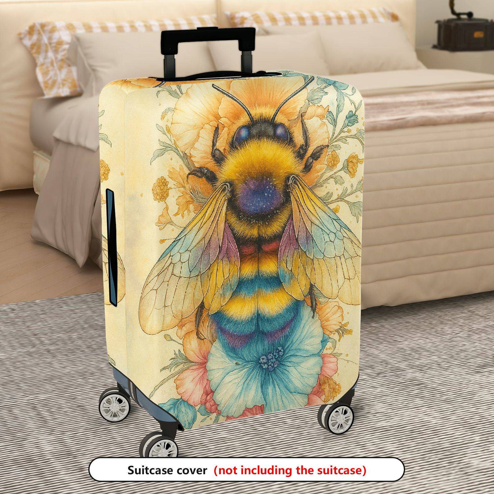 1-Piece Bee Floral Pastel Vintage Artistic Vibrant  Suitcase Luggage Cover, Stretch Protective Sleeve
