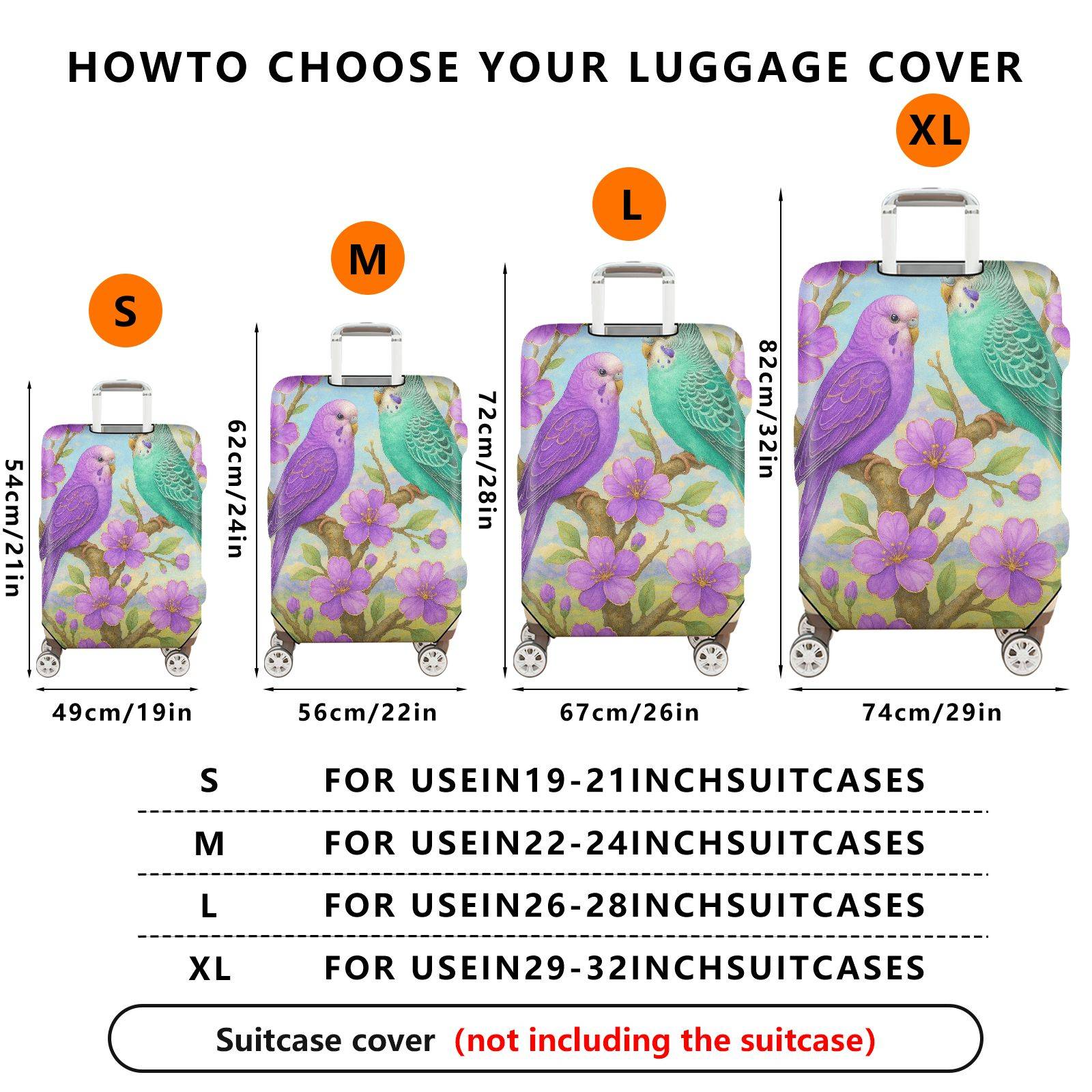 1-Piece Pastel Birds Floral Tree Travel Artwork  Suitcase Luggage Cover, Stretch Protective Sleeve