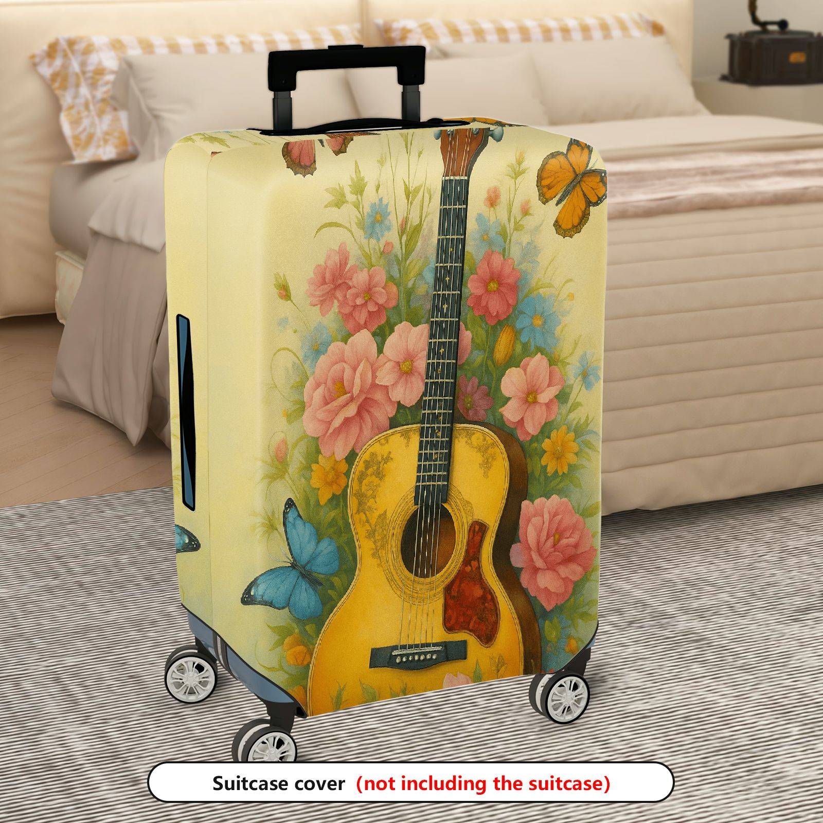 1-Piece Floral Guitar Butterfly Colorful Artistic Travel  Suitcase Luggage Cover, Stretch Protective Sleeve