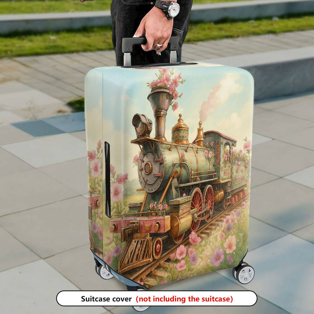 1-Piece Vintage Floral Steam Train Art Travel  Suitcase Luggage Cover, Stretch Protective Sleeve