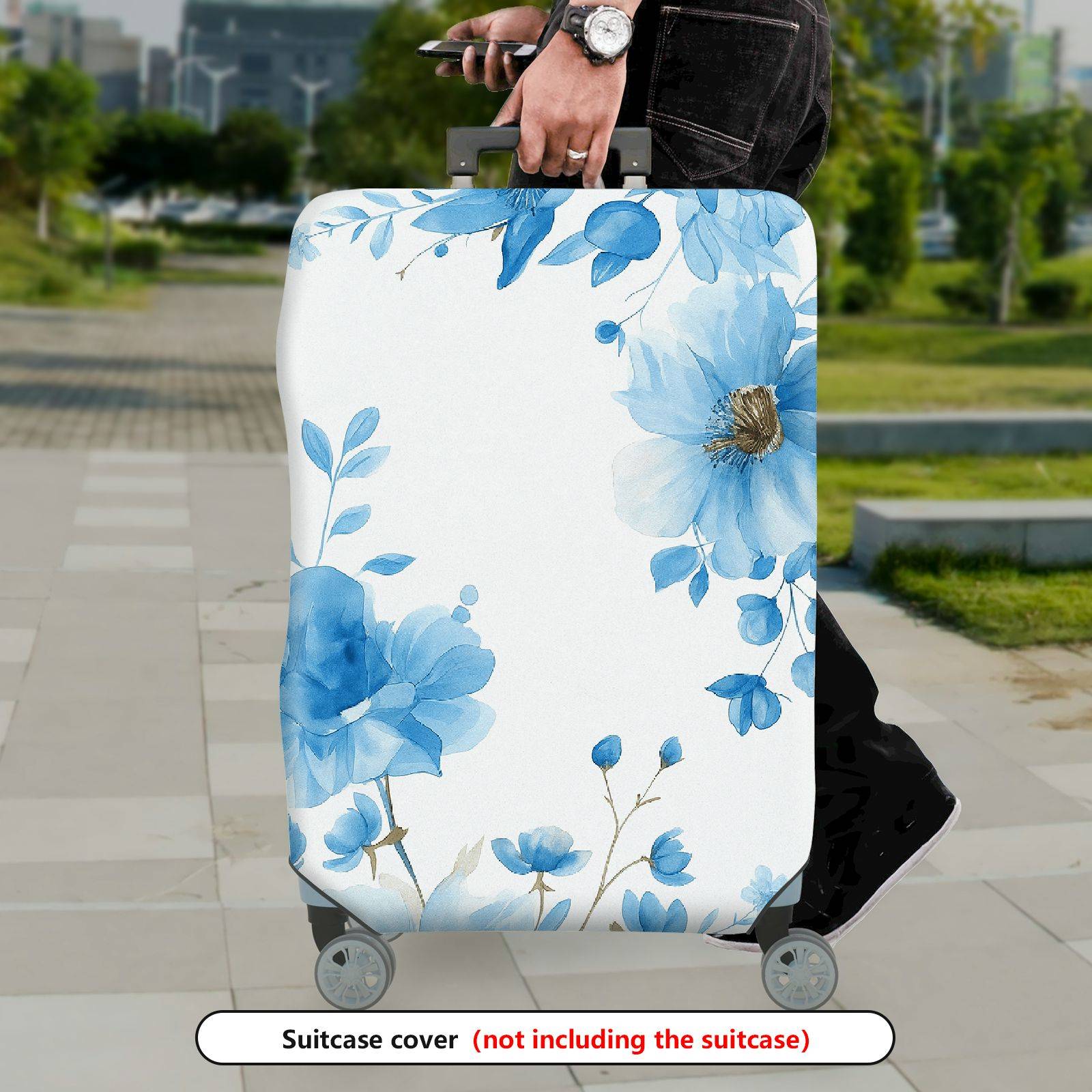 1-Piece Floral Blue White Elegant Artistic Blossom  Suitcase Luggage Cover, Stretch Protective Sleeve