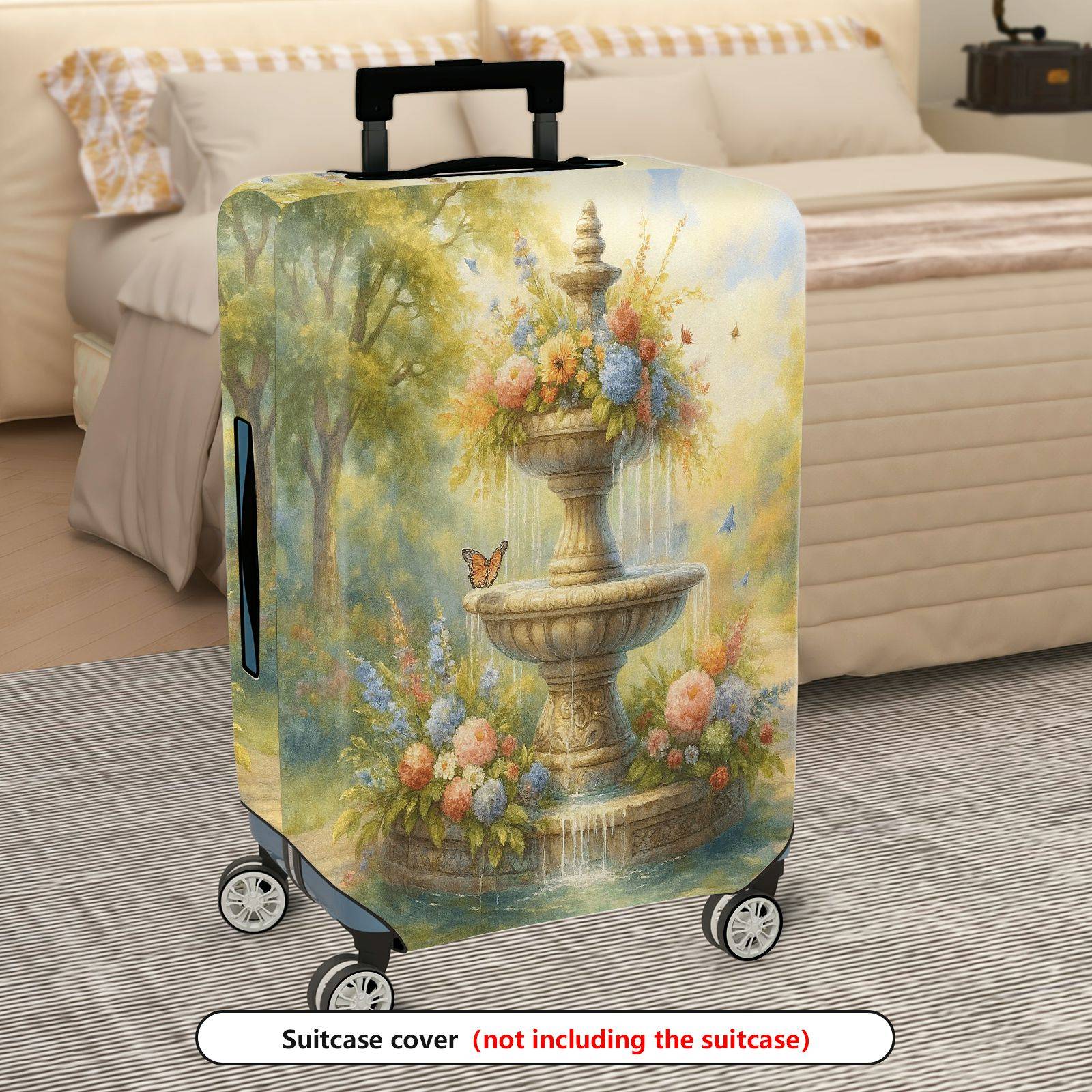 1-Piece Fountain Flower Butterfly Landscape Artistic  Suitcase Luggage Cover, Stretch Protective Sleeve