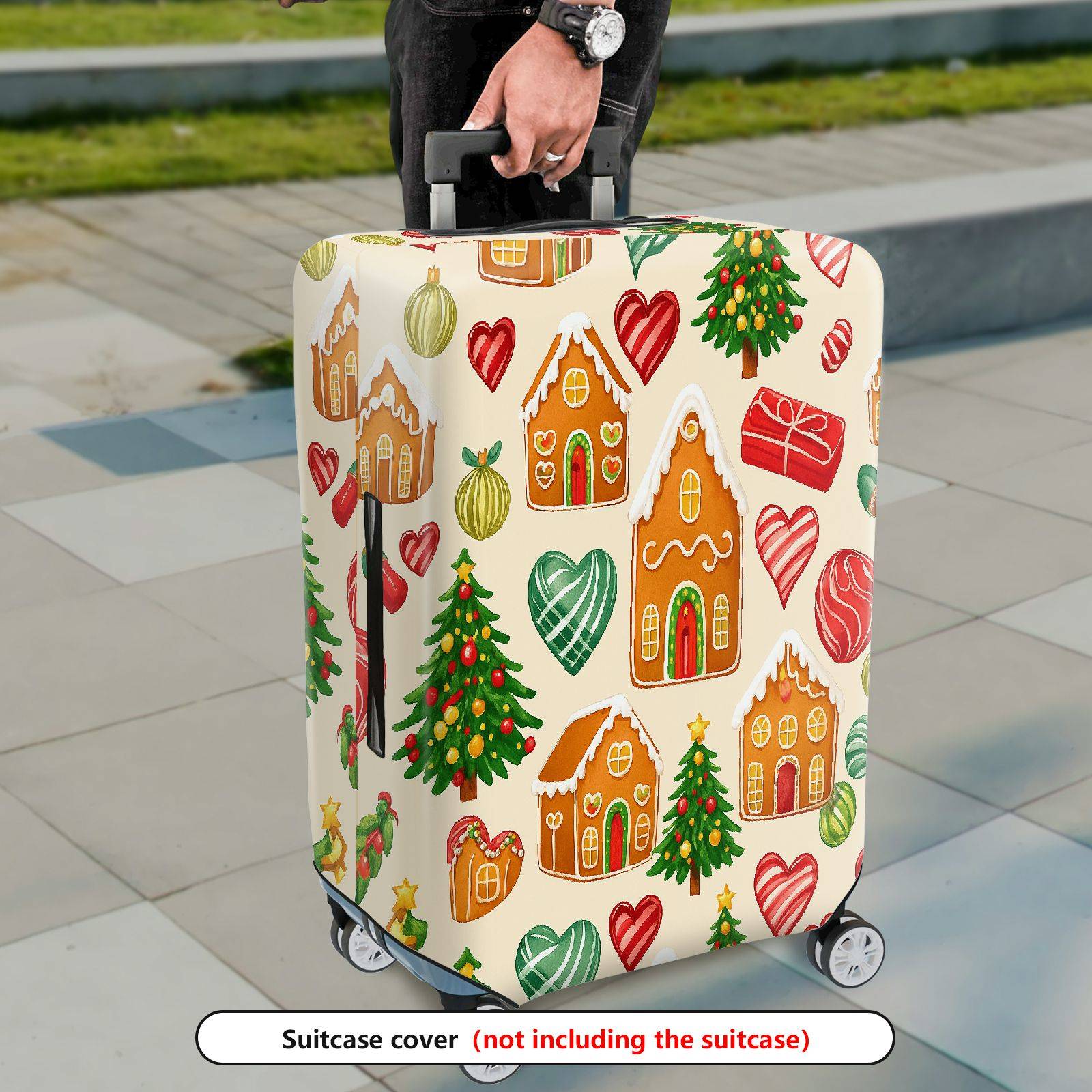 1-Piece Gingerbread House Christmas Tree Heart Ornament Gift  Suitcase Luggage Cover, Stretch Protective Sleeve