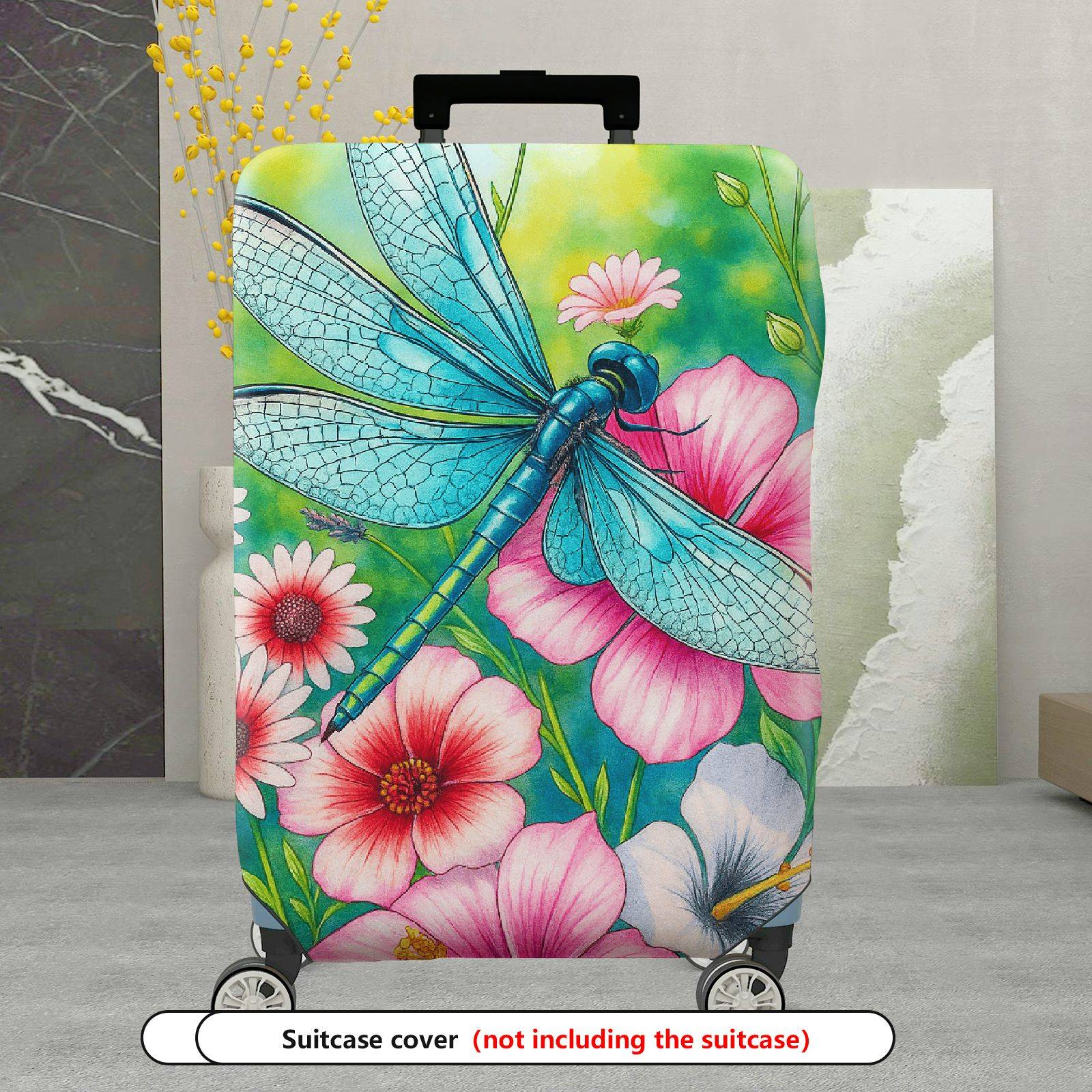 1-Piece Dragonfly Floral Colorful Artistic Nature  Suitcase Luggage Cover, Stretch Protective Sleeve