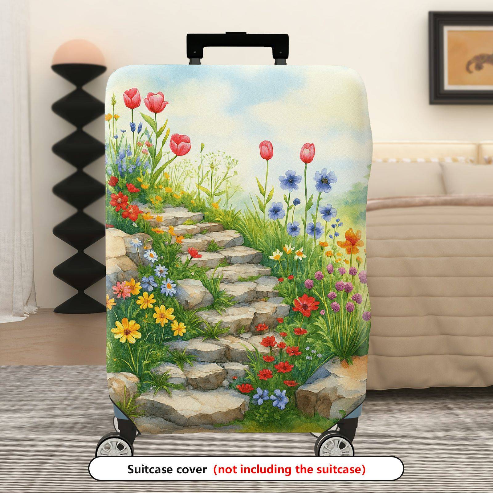 1-Piece Floral Garden Path Colorful Flowers Stone Staircase Scenic  Suitcase Luggage Cover, Stretch Protective Sleeve