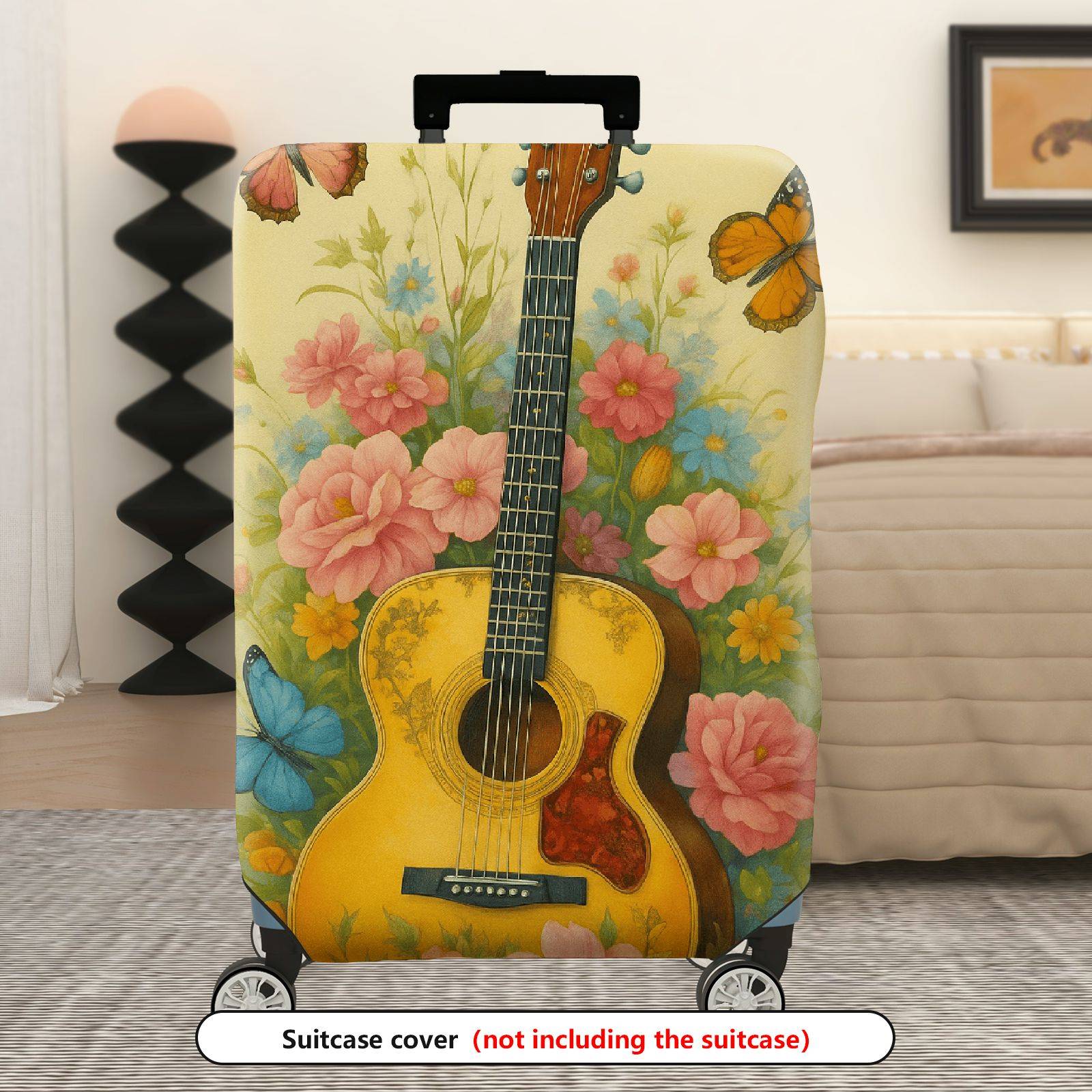 1-Piece Floral Guitar Butterfly Colorful Artistic Travel  Suitcase Luggage Cover, Stretch Protective Sleeve