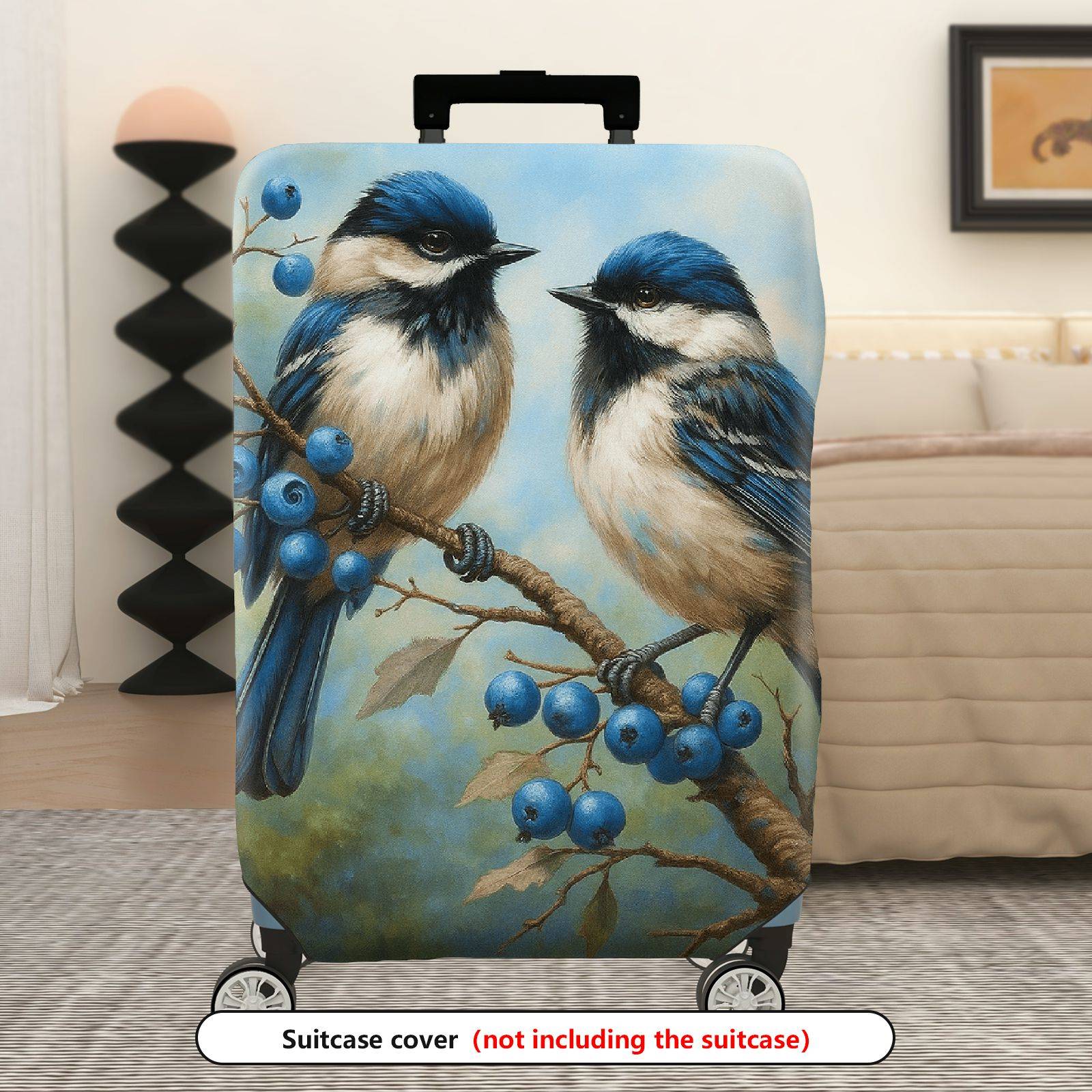 1-Piece Bird Berry Blue Nature Art  Suitcase Luggage Cover, Stretch Protective Sleeve