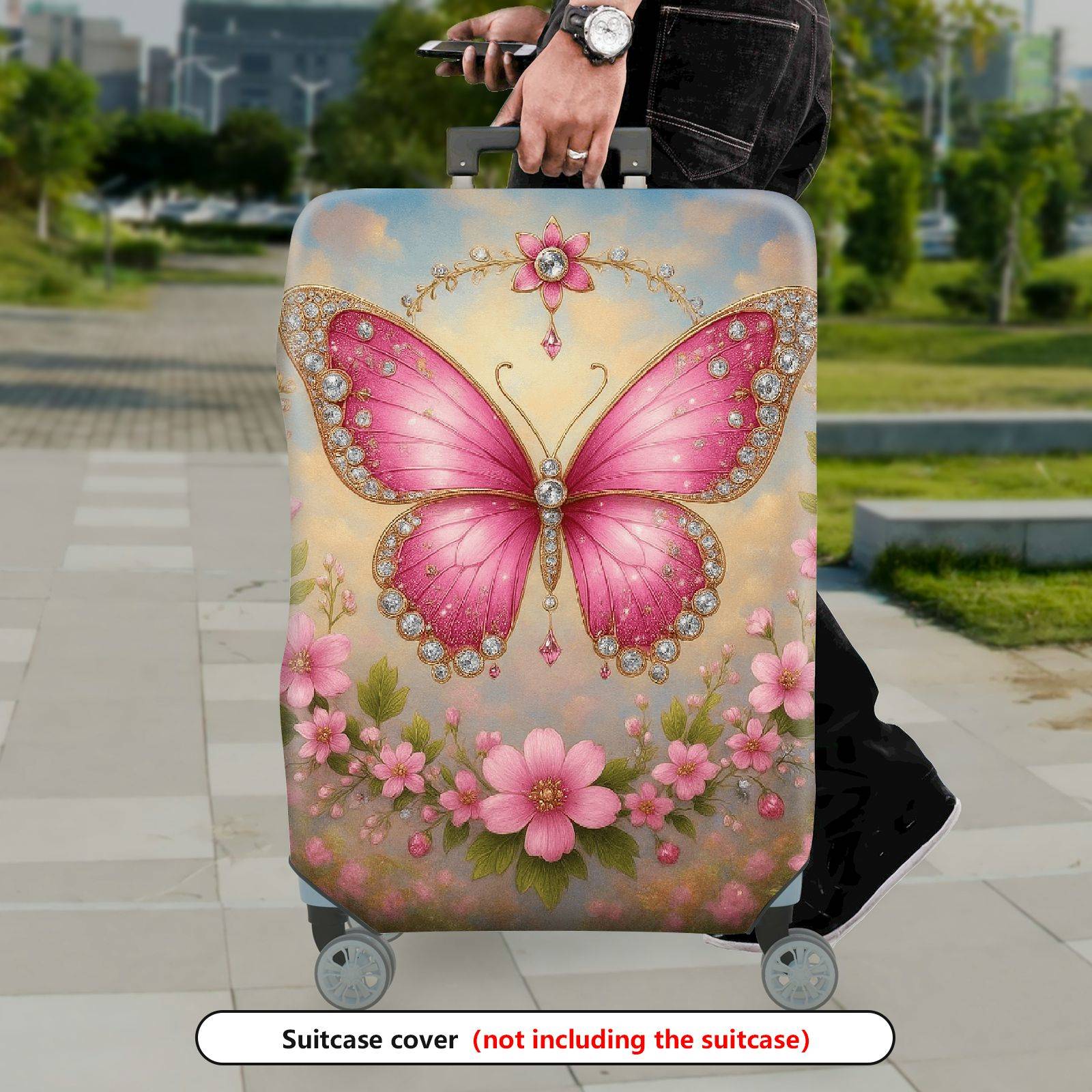 1-Piece Pink Butterfly Flower Sparkle Decorative Travel  Suitcase Luggage Cover, Stretch Protective Sleeve