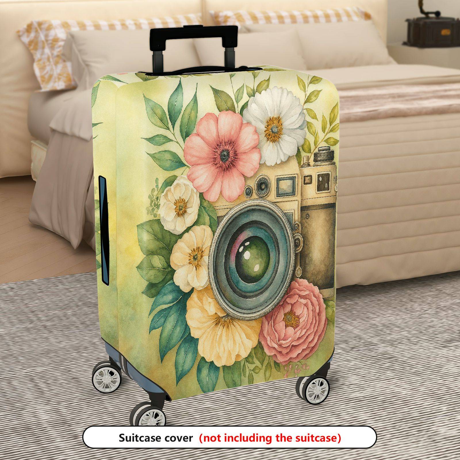 1-Piece Vintage Floral Camera Artistic Bloom Colorful  Suitcase Luggage Cover, Stretch Protective Sleeve