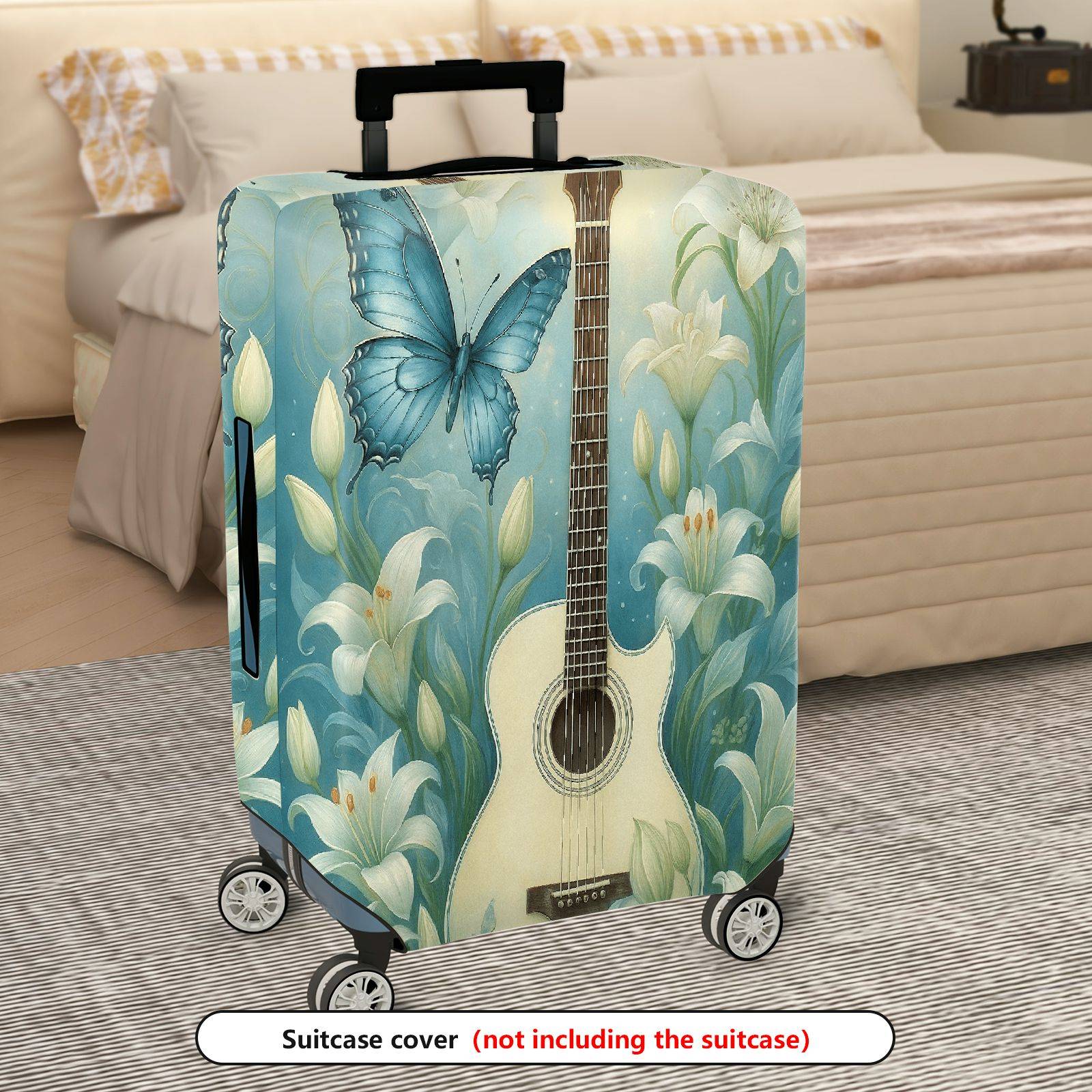 1-Piece Butterfly Floral Guitar Blue Artistic Elegant Nature  Suitcase Luggage Cover, Stretch Protective Sleeve