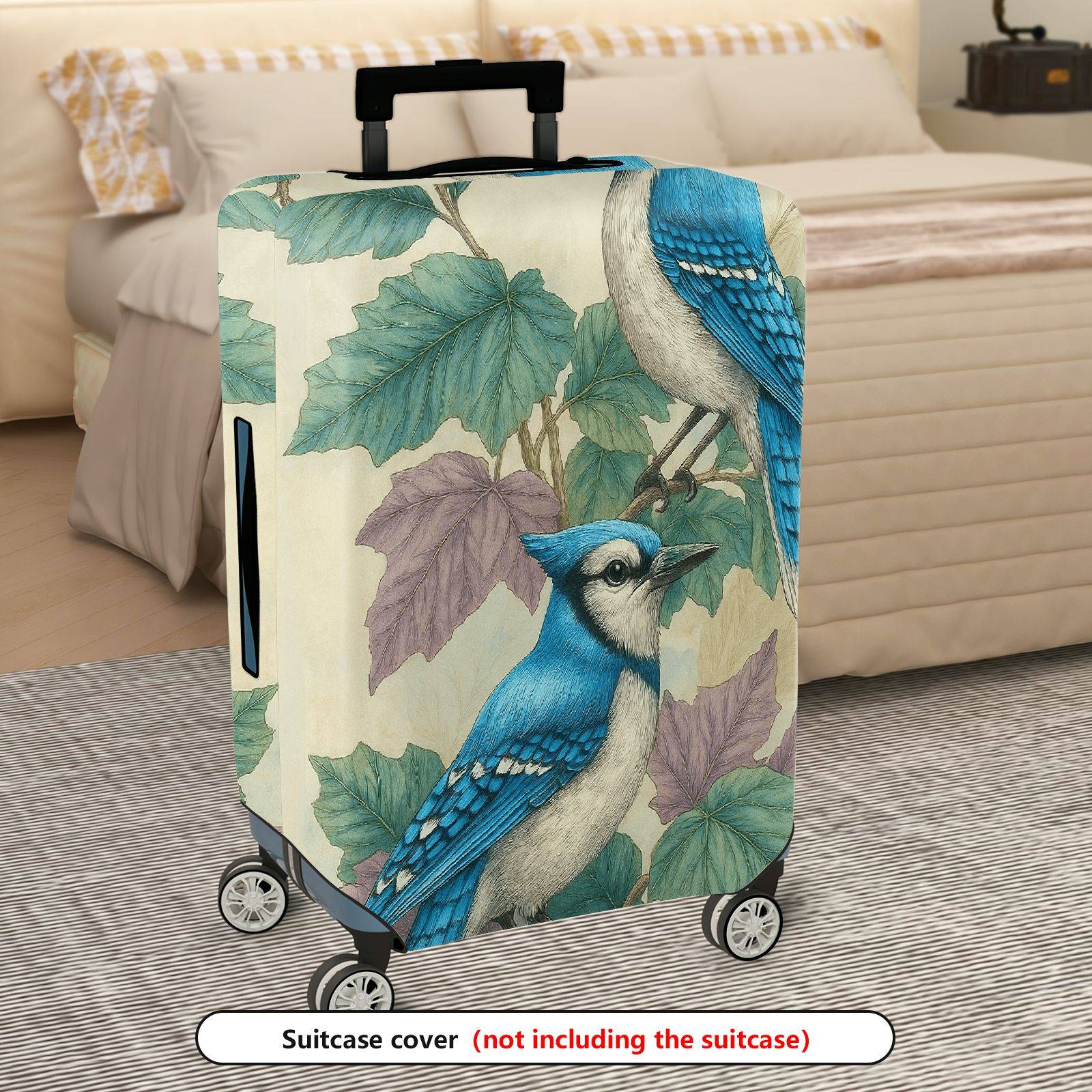1-Piece Blue Bird Leaves Nature Vintage Art  Suitcase Luggage Cover, Stretch Protective Sleeve