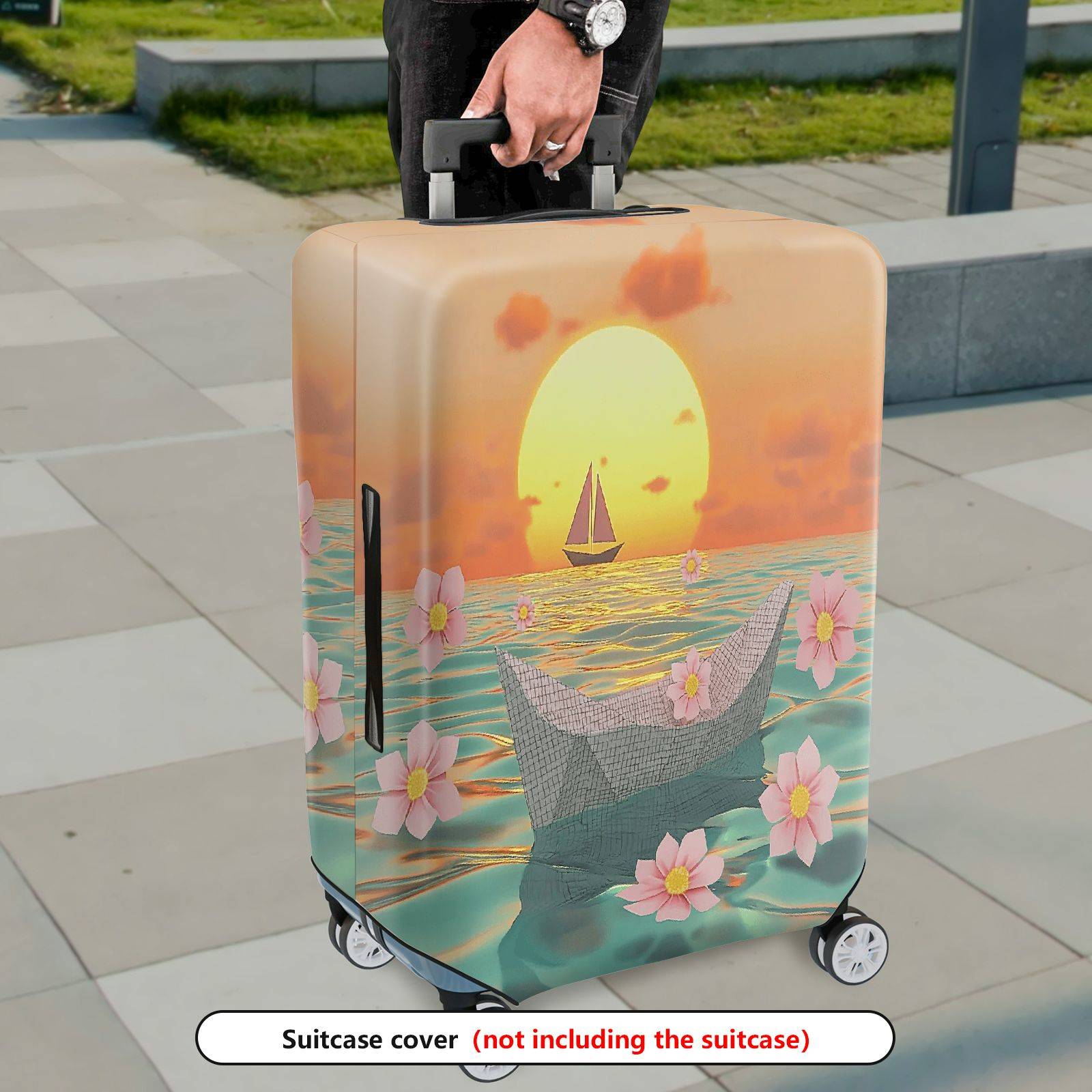 1-Piece Sunset Beach Paper Boat Cherry Blossom Flower  Suitcase Luggage Cover, Stretch Protective Sleeve