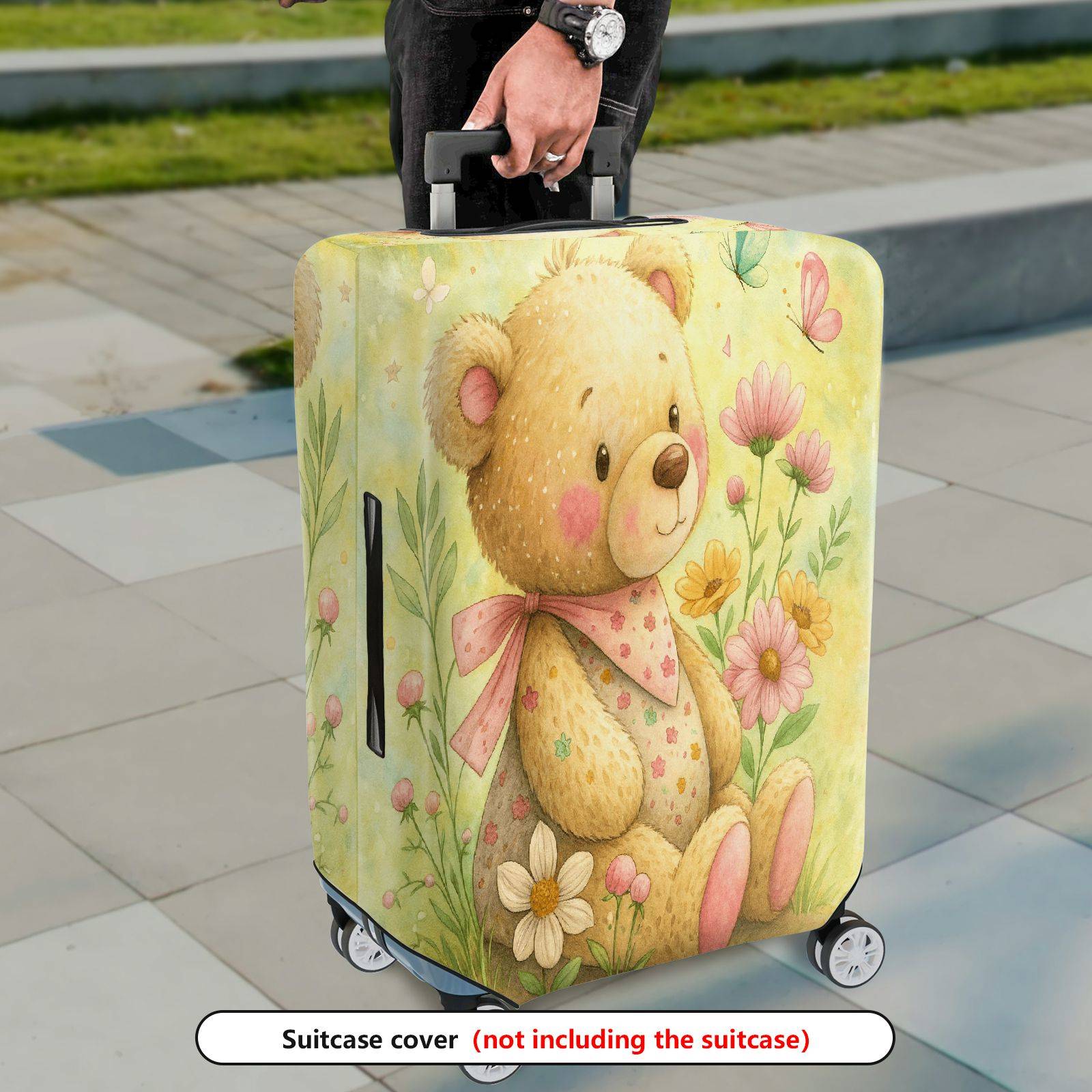 1-Piece Bear Flower Bow Nature Pastoral  Suitcase Luggage Cover, Stretch Protective Sleeve
