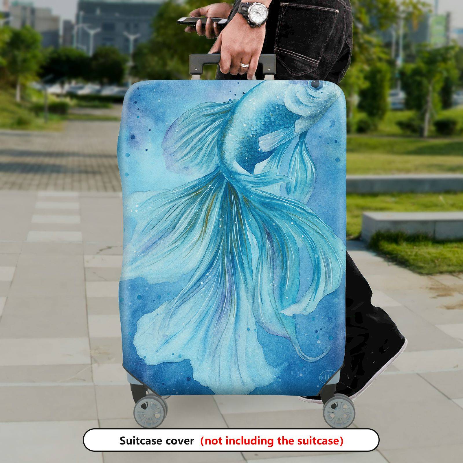 1-Piece Fish Ocean Blue Artistic Watercolor Unique  Suitcase Luggage Cover, Stretch Protective Sleeve