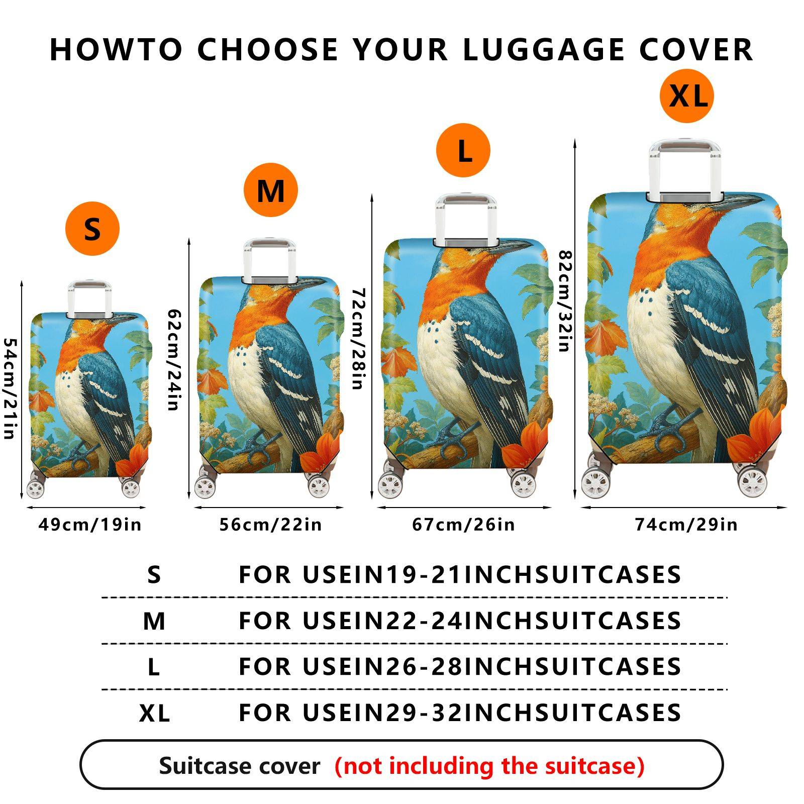 1-Piece Bird Floral Leaf Artistic Blue  Suitcase Luggage Cover, Stretch Protective Sleeve