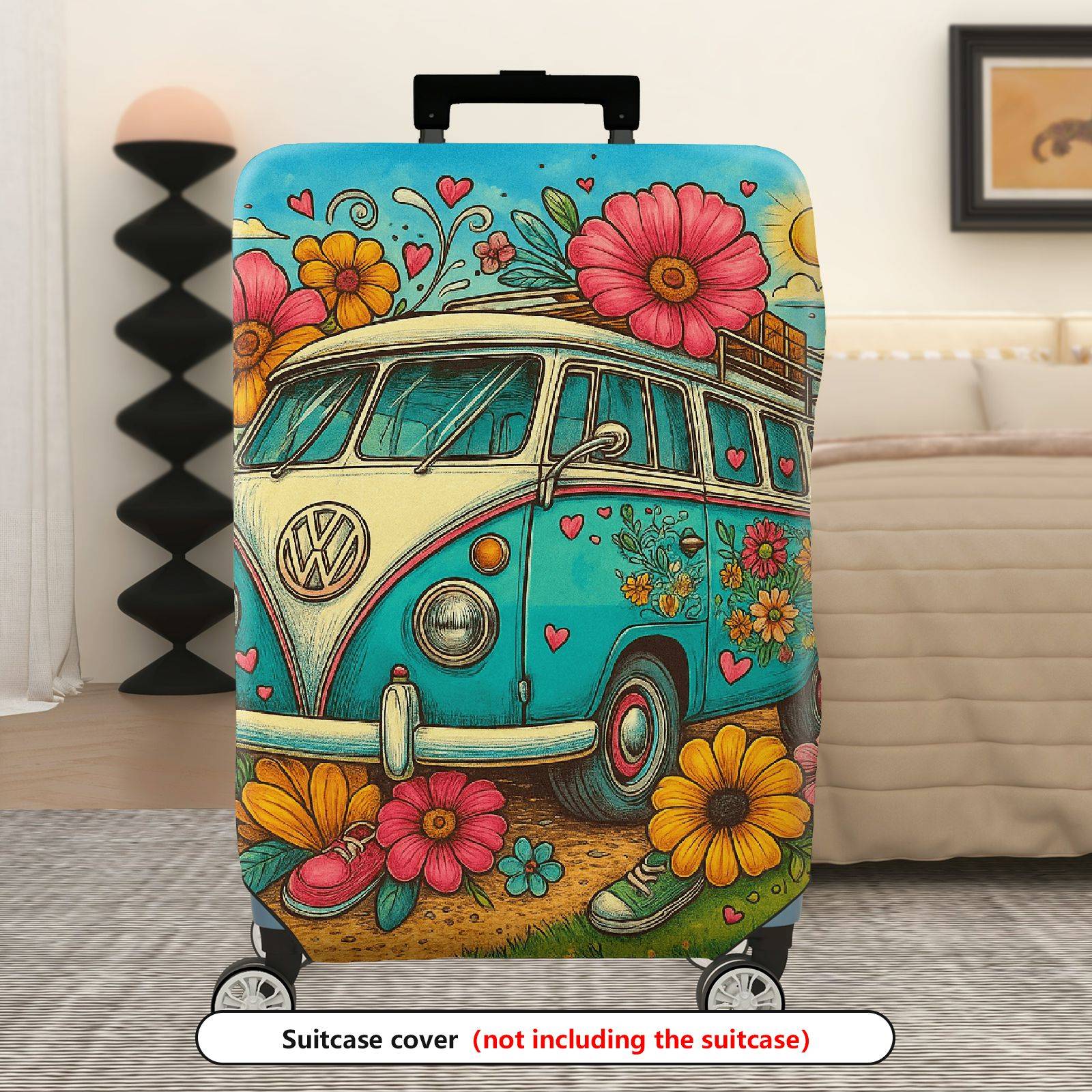 1-Piece Flower Bus Vintage Colorful Artistic Travel  Suitcase Luggage Cover, Stretch Protective Sleeve