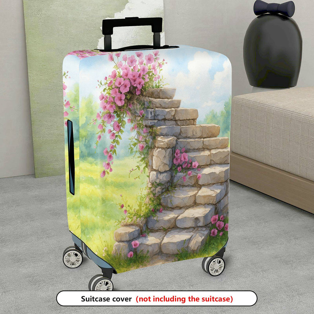 1-Piece Stair Stone Flower Pink Nature Scenery  Suitcase Luggage Cover, Stretch Protective Sleeve