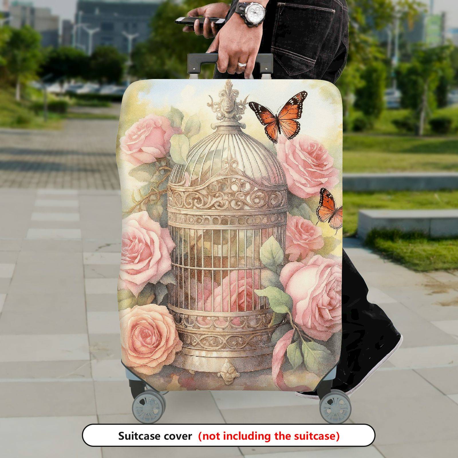 1-Piece Vintage Floral Butterfly Birdcage Nature Artistic  Suitcase Luggage Cover, Stretch Protective Sleeve