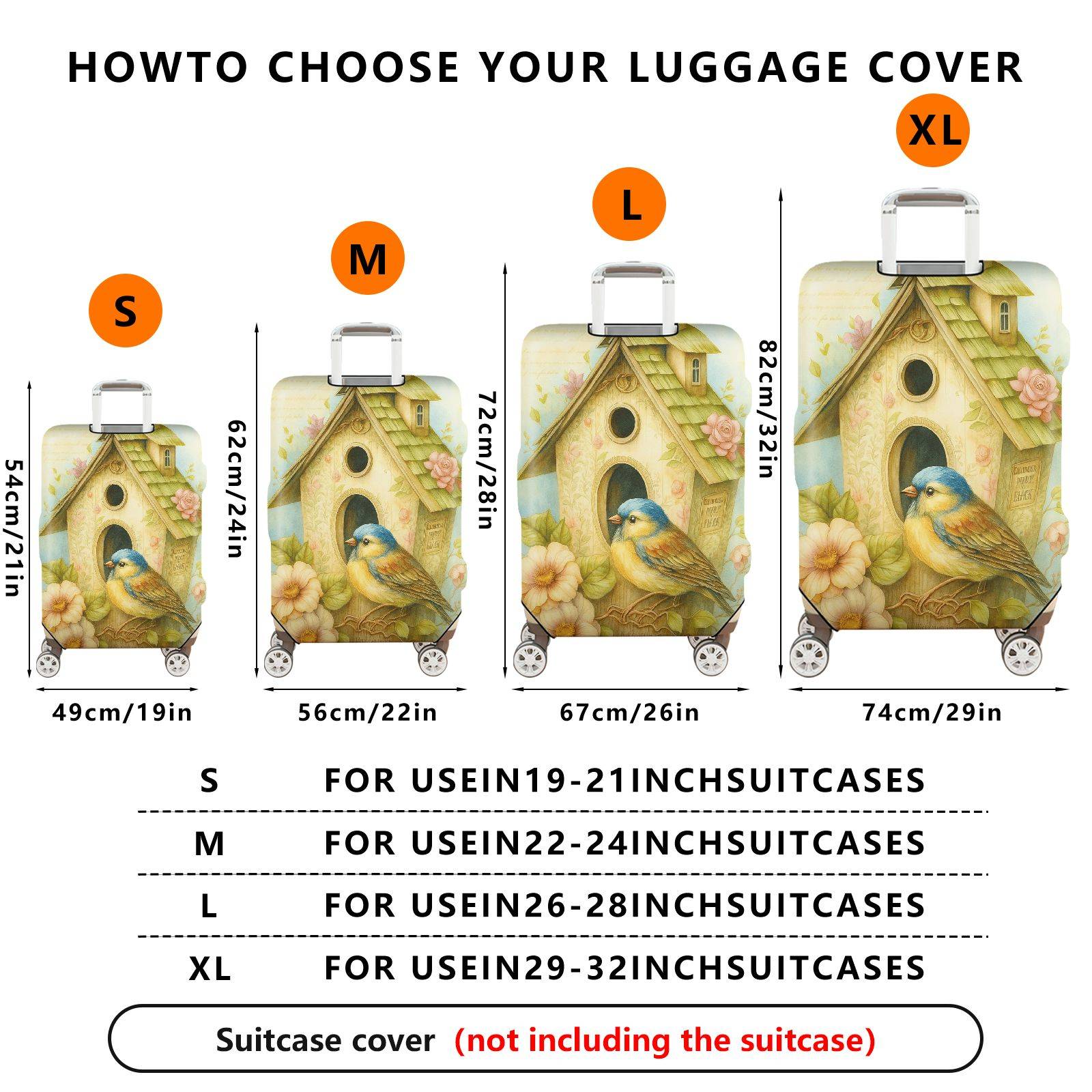 1-Piece Birdhouse Floral Vintage Artistic Nature Travel  Suitcase Luggage Cover, Stretch Protective Sleeve