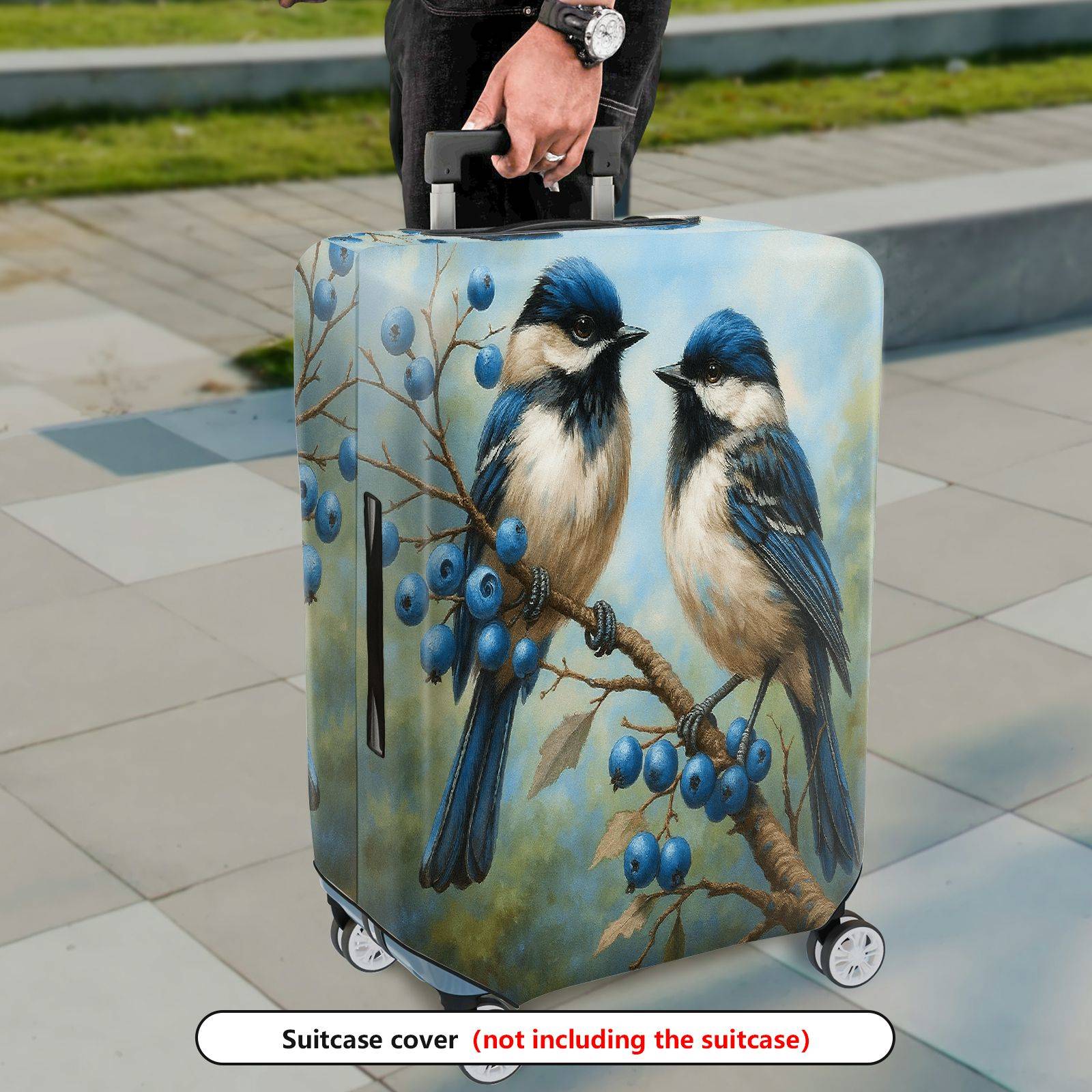 1-Piece Bird Berry Blue Nature Art  Suitcase Luggage Cover, Stretch Protective Sleeve