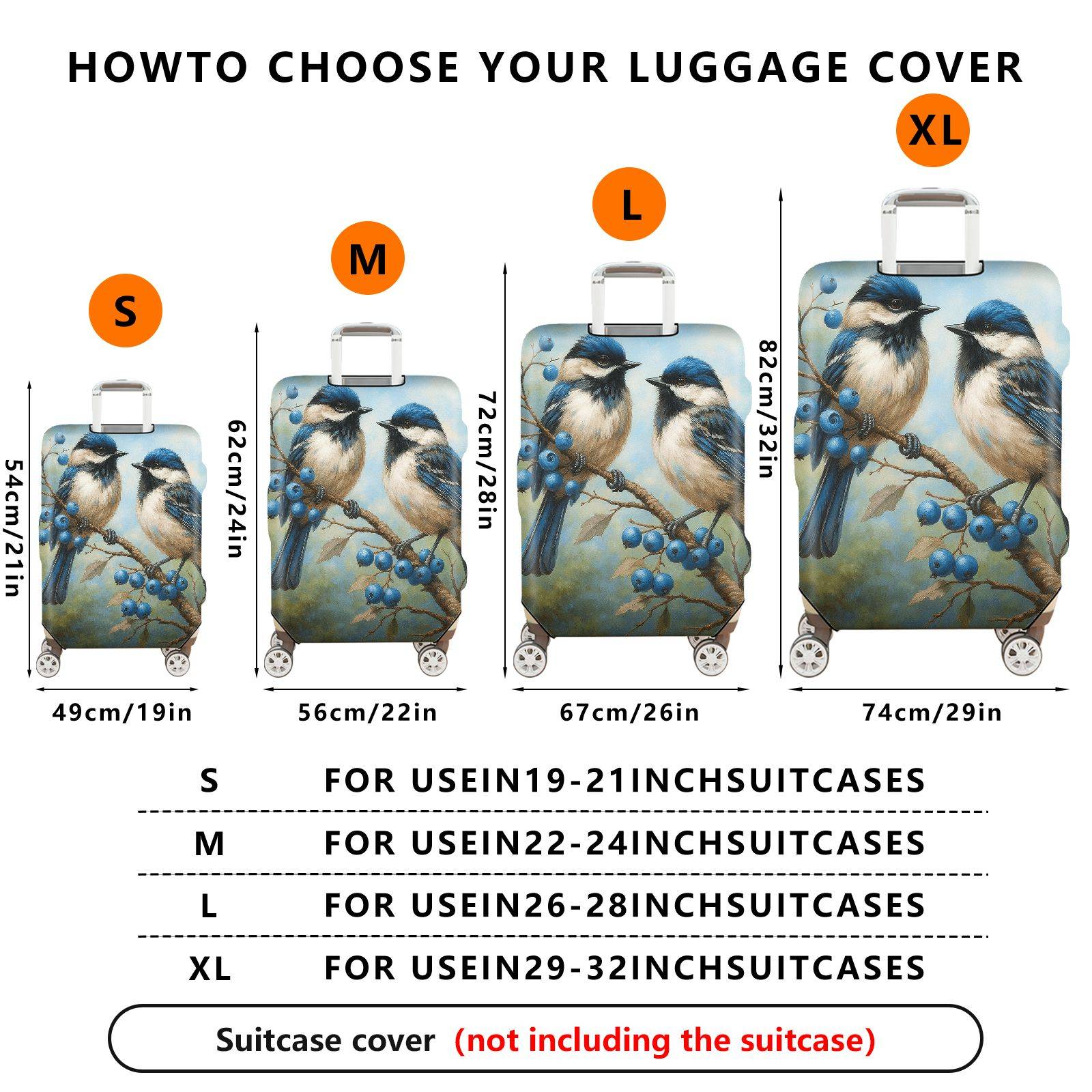 1-Piece Bird Berry Blue Nature Art  Suitcase Luggage Cover, Stretch Protective Sleeve