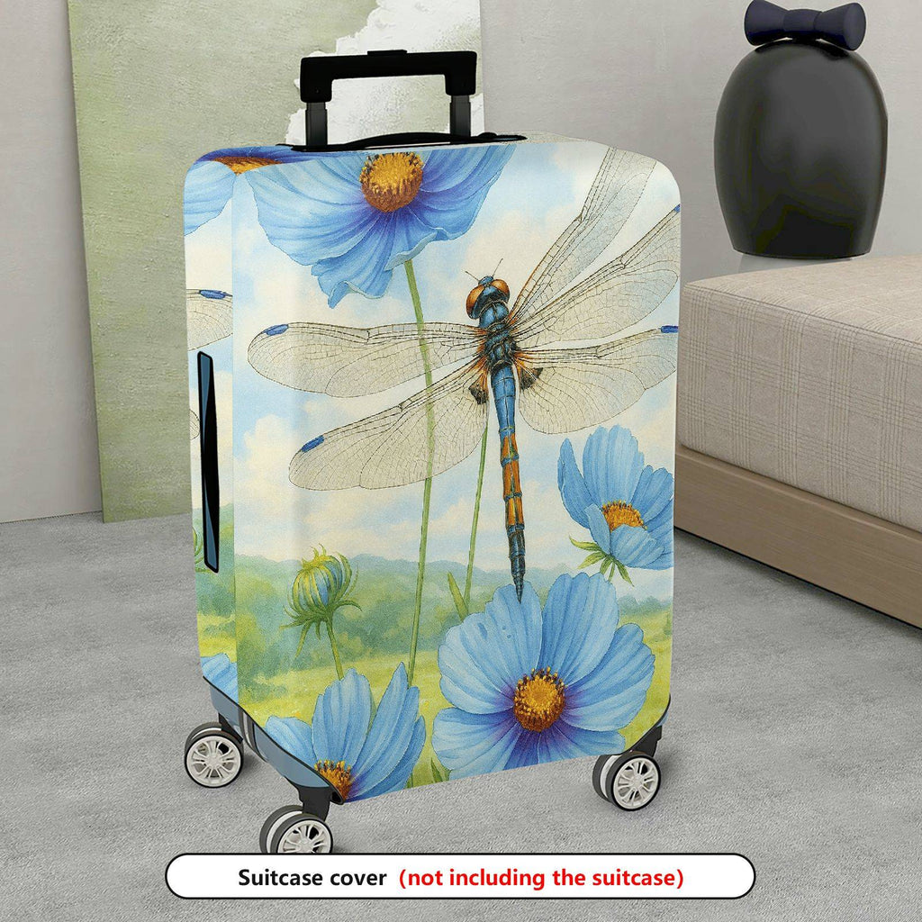 1-Piece Dragonfly Blue Flower Watercolor Nature Artistic  Suitcase Luggage Cover, Stretch Protective Sleeve