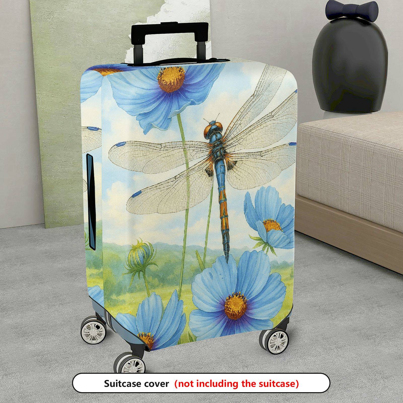 1-Piece Dragonfly Blue Flower Watercolor Nature Artistic  Suitcase Luggage Cover, Stretch Protective Sleeve