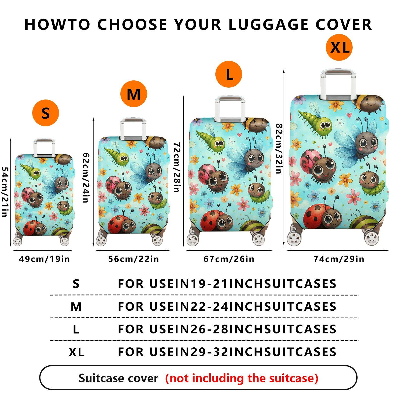 1-Piece Colorful Fun Bugs Ladybug Flowers Butterfly  Suitcase Luggage Cover, Stretch Protective Sleeve